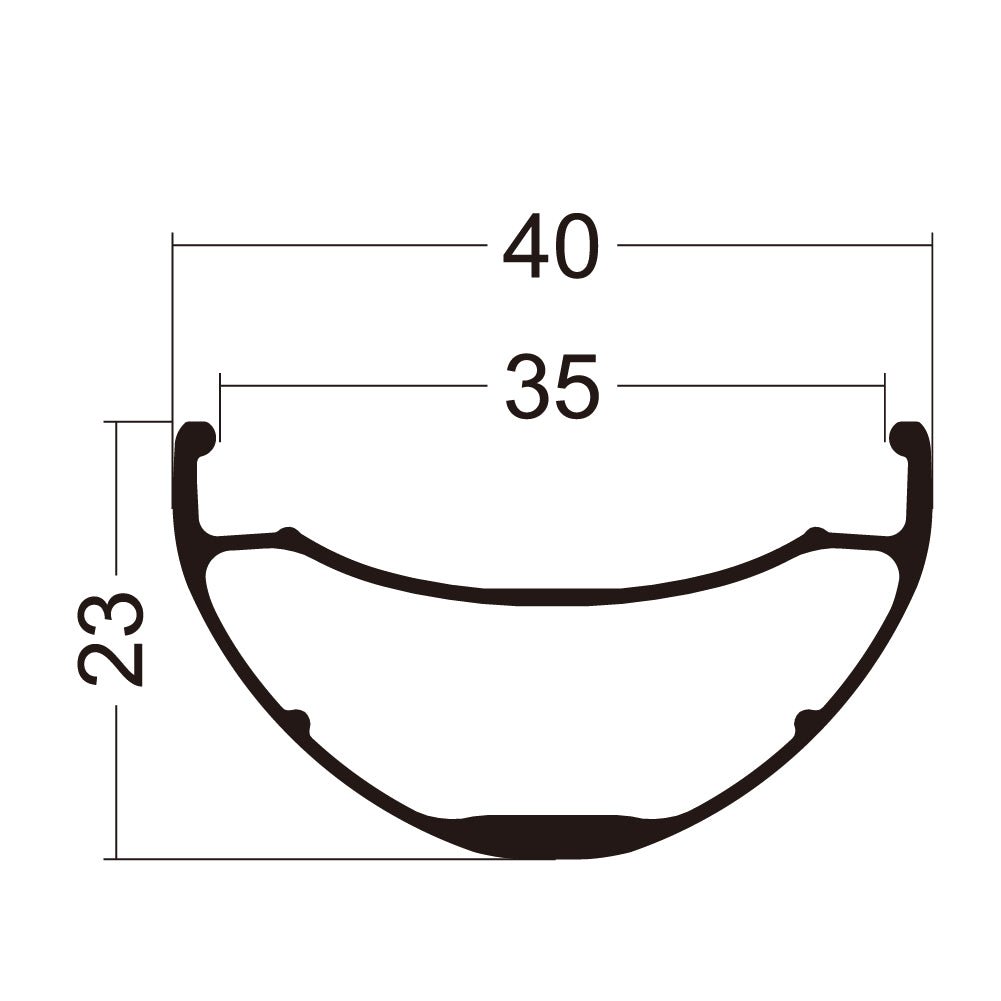 Fantom AM40 FUNN rim cross-section diagram showing 40mm outer, 35mm inner width and 23mm depth for MTB wheel rims
