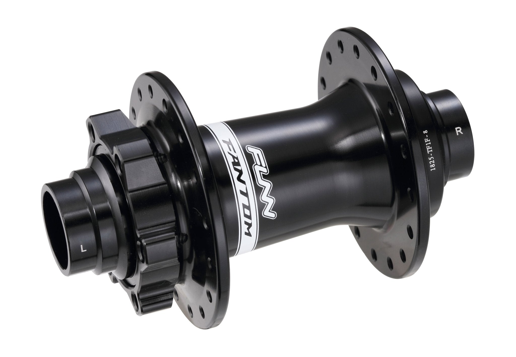 Black anodized FUNN Fantom front hub, high-performance MTB wheel center component