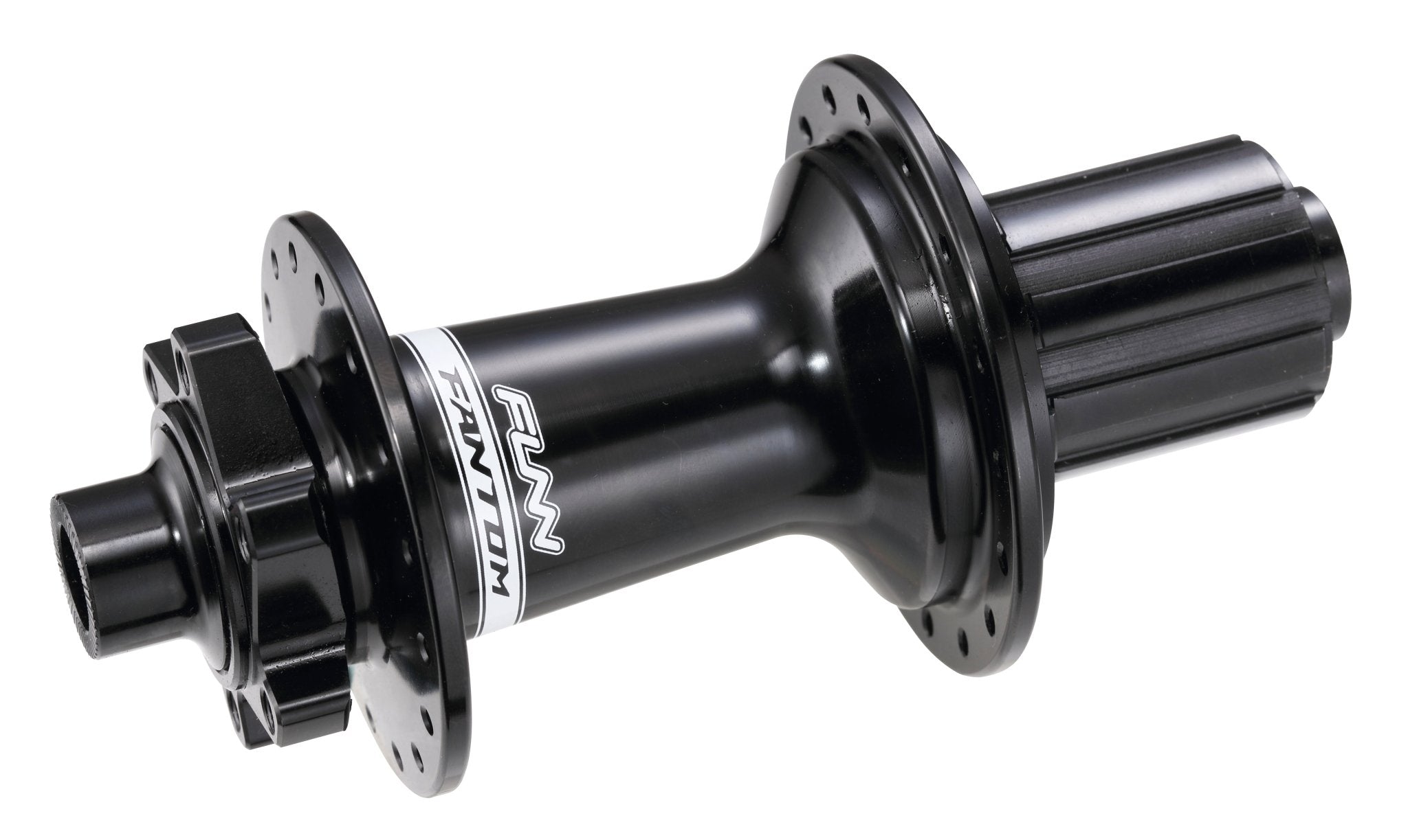 Black anodized FUNN Fantom rear hub, high-performance MTB wheel center component