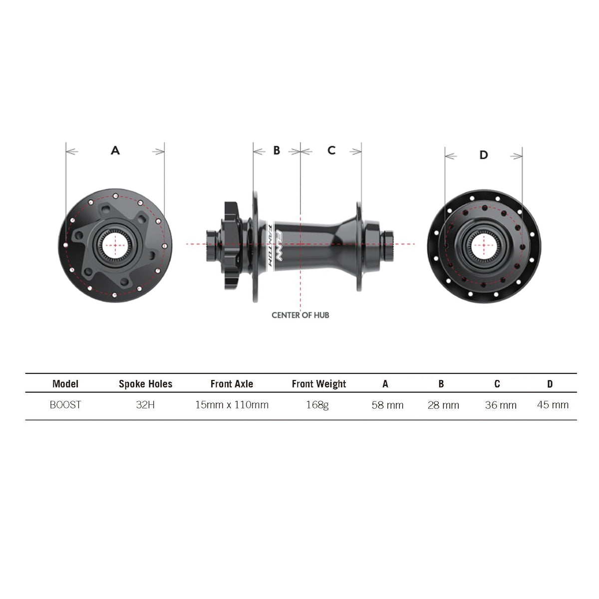 Black aluminum FUNN Fantom Hub BOOST front bike hub, 32H, 15x110mm, side and end views with detailed measurement chart
