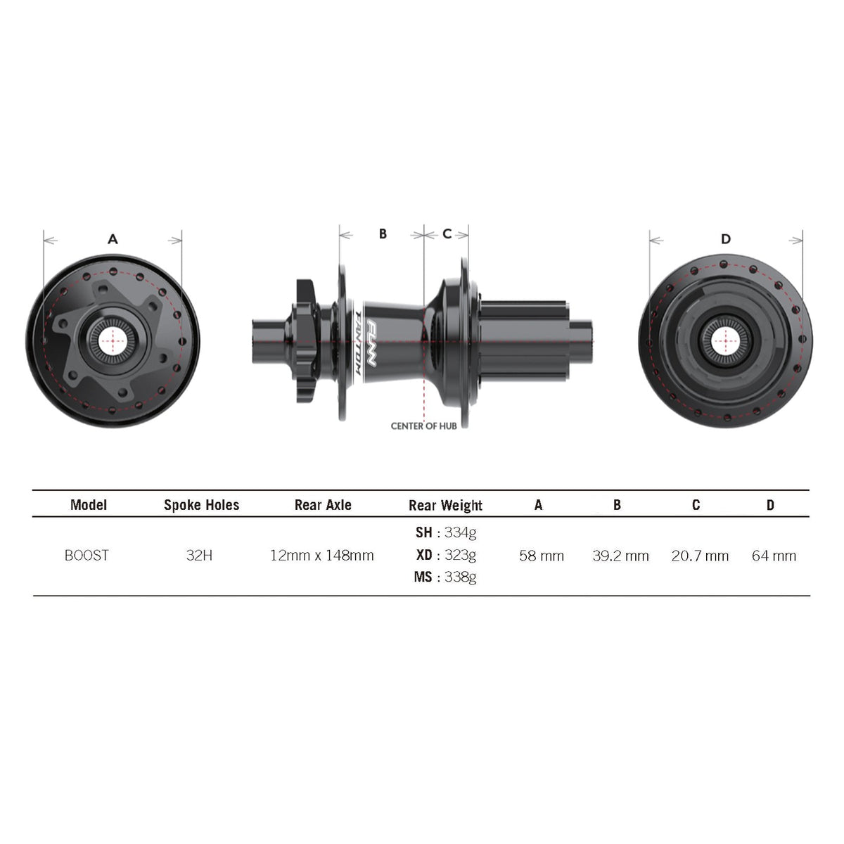 Black aluminum FUNN Fantom Hub J-type rear bike hub with 32H spoke holes and high engagement, side and end views with dimensions