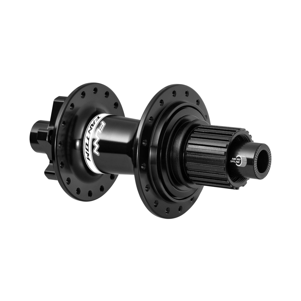 Black aluminum FUNN Fantom Hub with Microspline freehub, J-type spoke holes and flanged design for high-performance mountain bikes