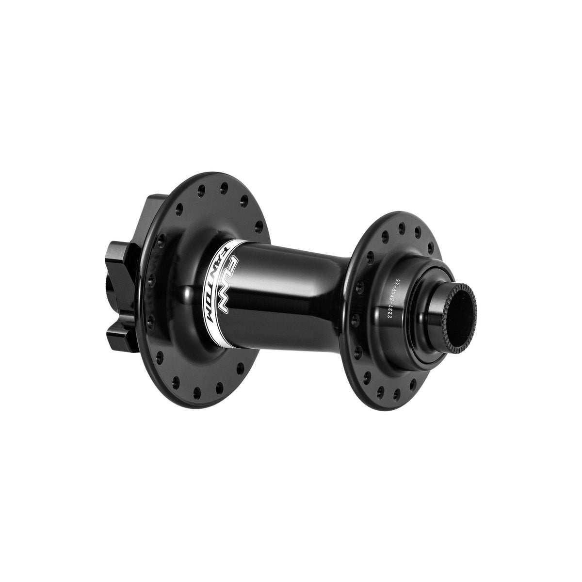 Fantom Hub black alloy front bike hub with J-type spoke holes by FUNN, lightweight cylindrical body and flanged ends