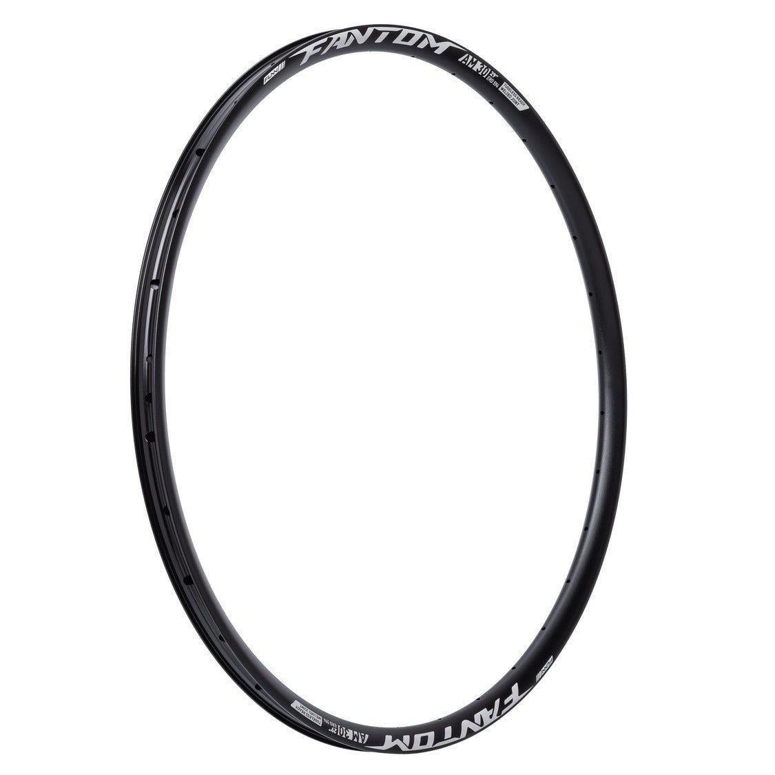 Black aluminum FUNN Fantom Rim AM30 32H, sleek MTB wheel rim with white logos and multiple spoke holes