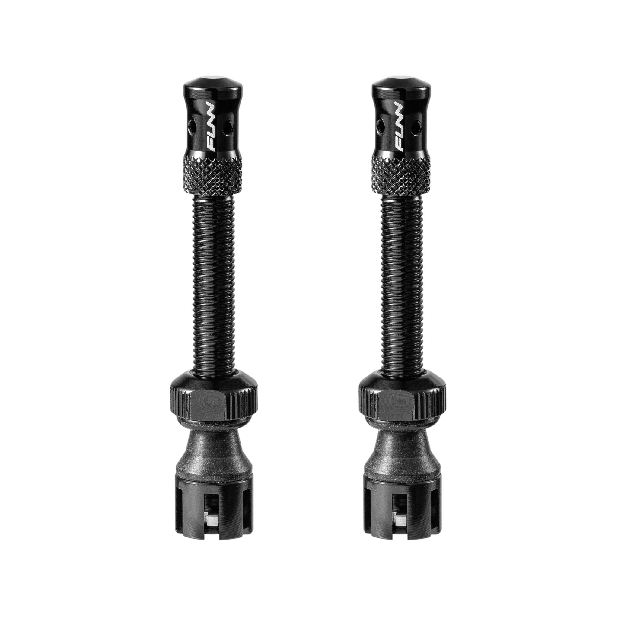 Black FUNN FastAir Tubeless Valve pair, knurled alloy caps and threaded stems for sealing bicycle tubeless rims, discontinued model