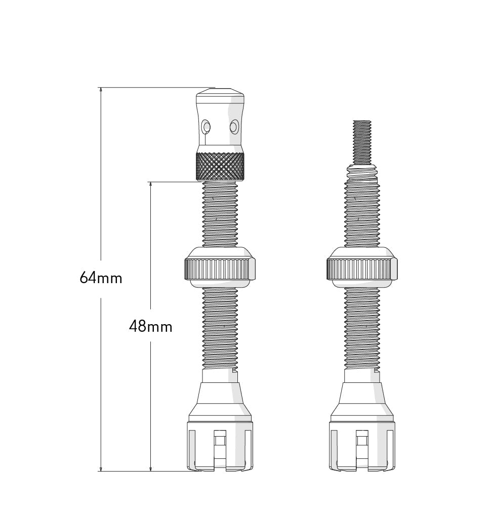 FUNN FastAir Tubeless Valve technical drawing showing 64mm total length, 48mm install size, threaded metal body and cap