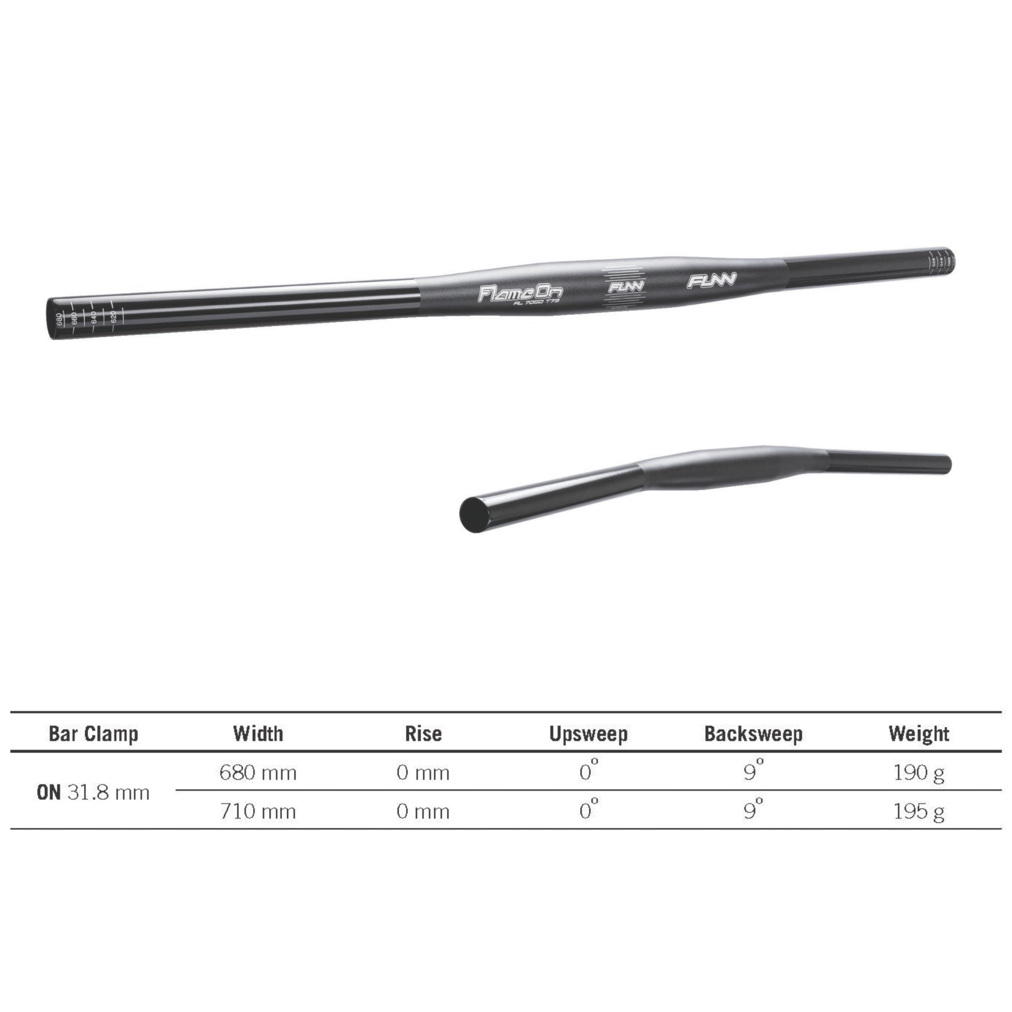FUNN Flame On flat handlebar, 710mm black alloy MTB bar with 31.8mm clamp and 9° backsweep, shown with full spec table