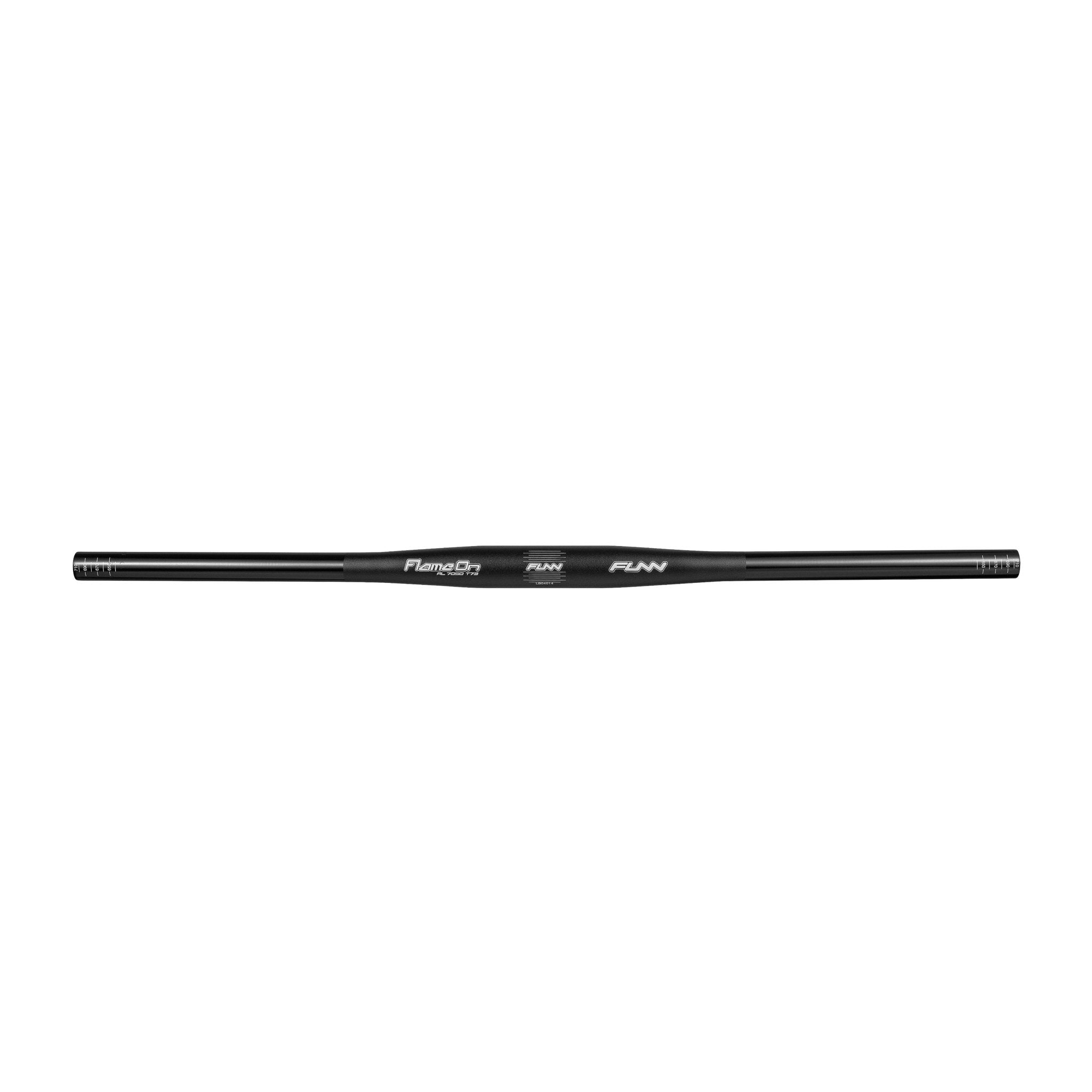 FUNN Flame On Flat Handlebar 710mm, black alloy mountain bike bar with straight profile and white logo graphics