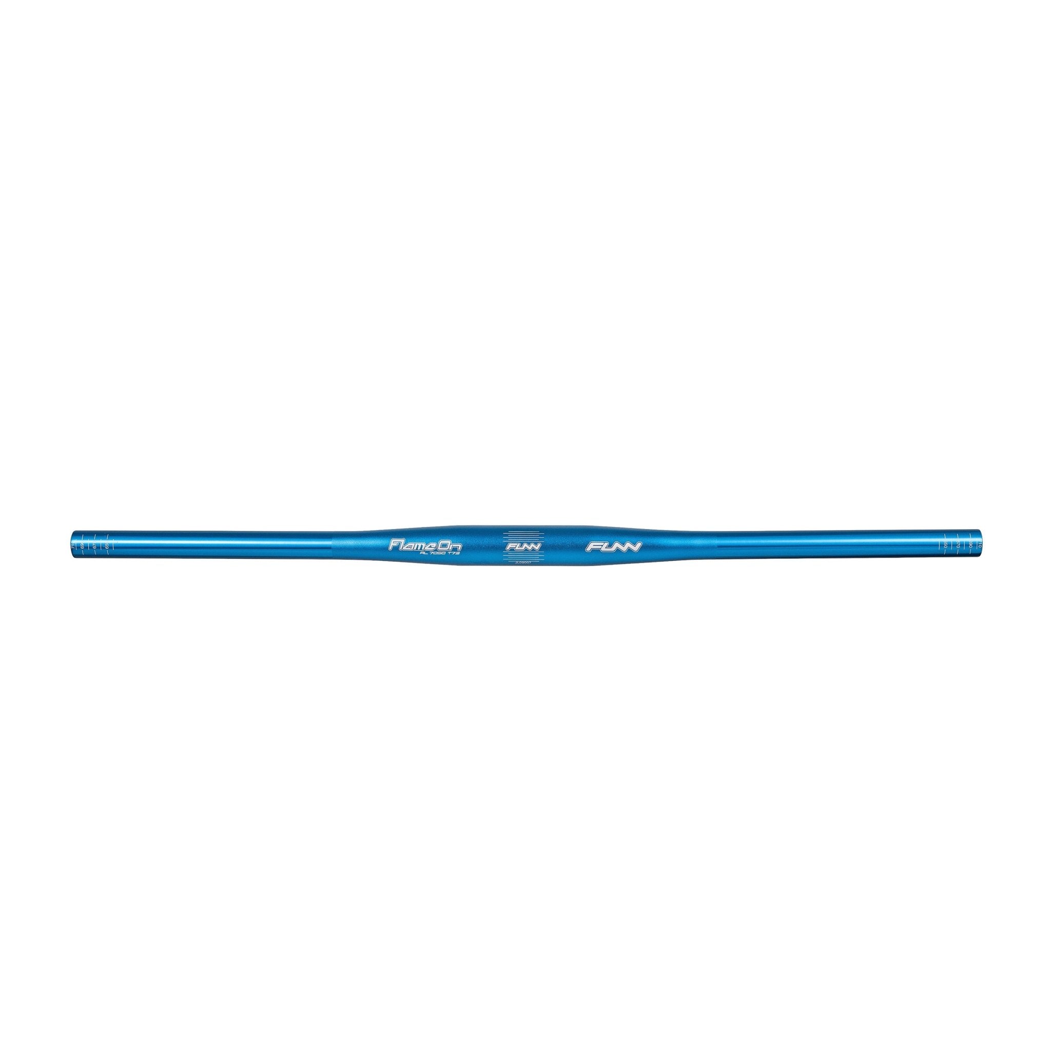 FUNN Flame On Flat Handlebar, blue alloy mountain bike bar with straight profile and etched alignment markings