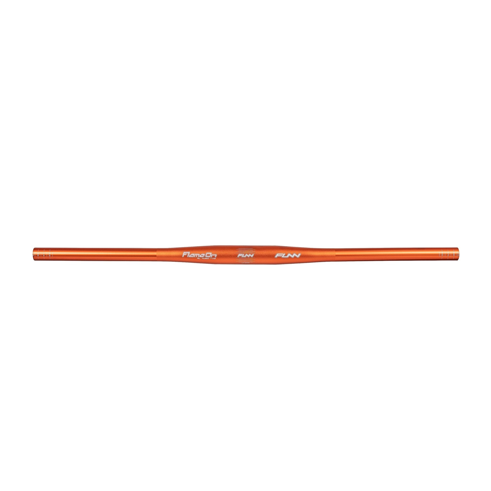 Orange FUNN Flame On Flat Handlebar, lightweight alloy straight MTB bar with central clamp area and white logo graphics