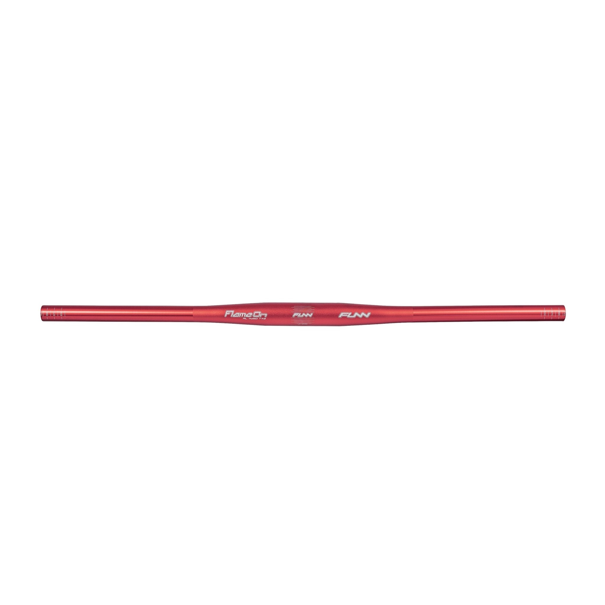 Red FUNN Flame On Flat Handlebar, lightweight alloy MTB bar with straight profile and white logo graphics