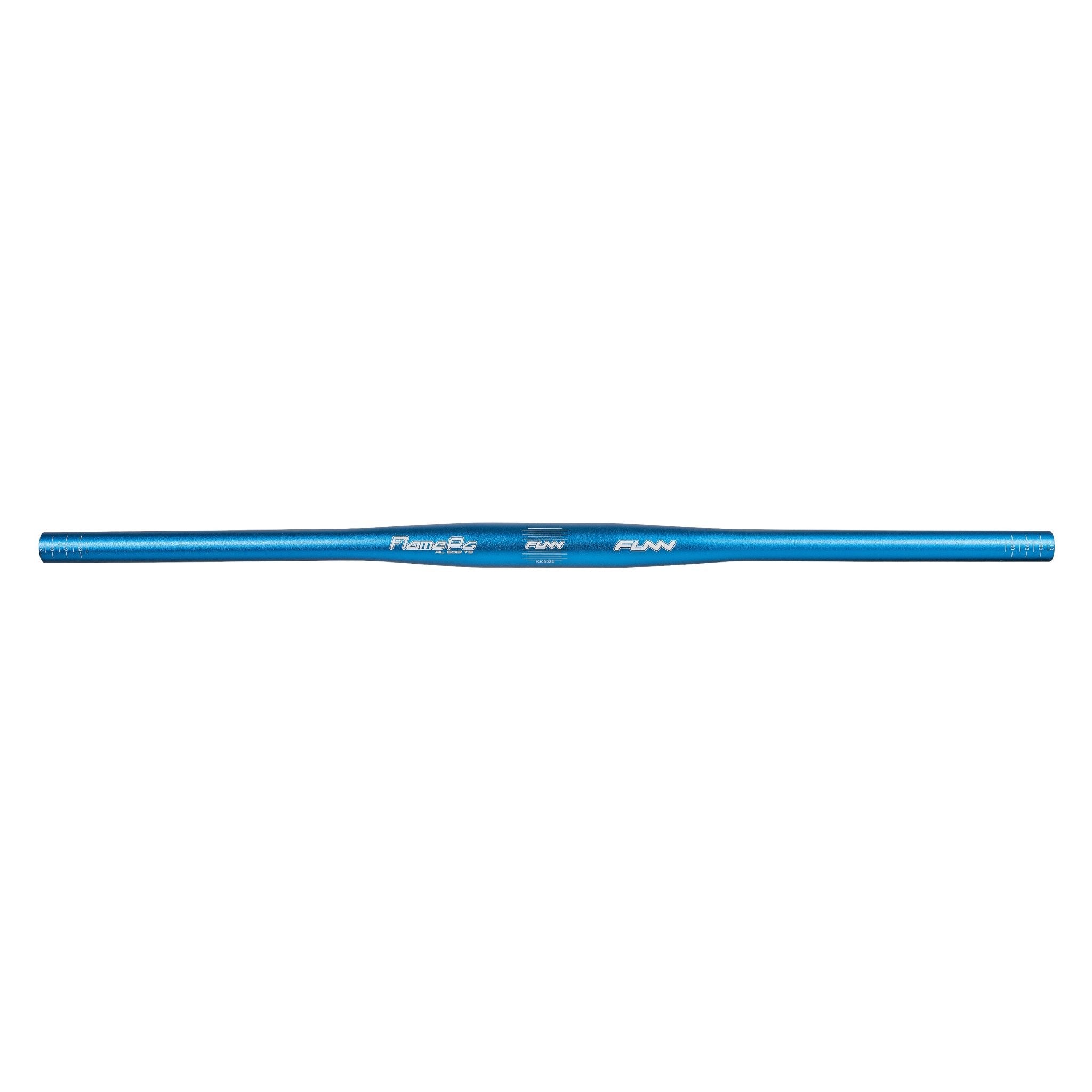 Blue aluminum FUNN Flame Pg Flat Handlebar, 710mm wide, lightweight straight MTB bar for precise control