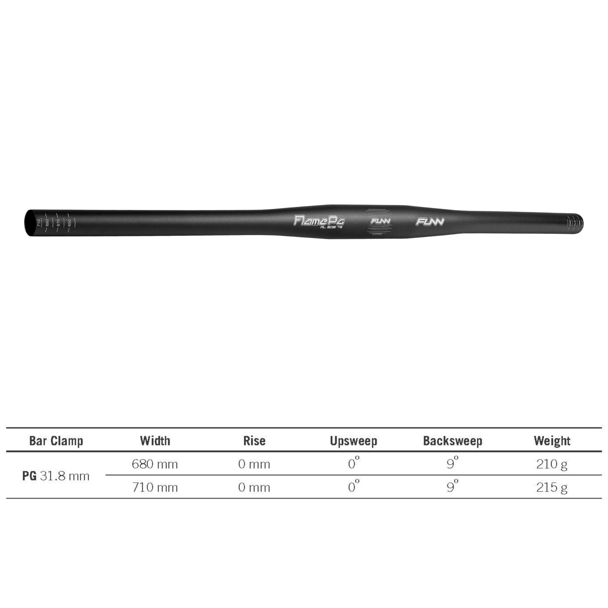FUNN Flame Pg Flat Handlebar, black alloy 710mm bar with 31.8mm clamp, 0 rise, 9° backsweep, lightweight MTB spec