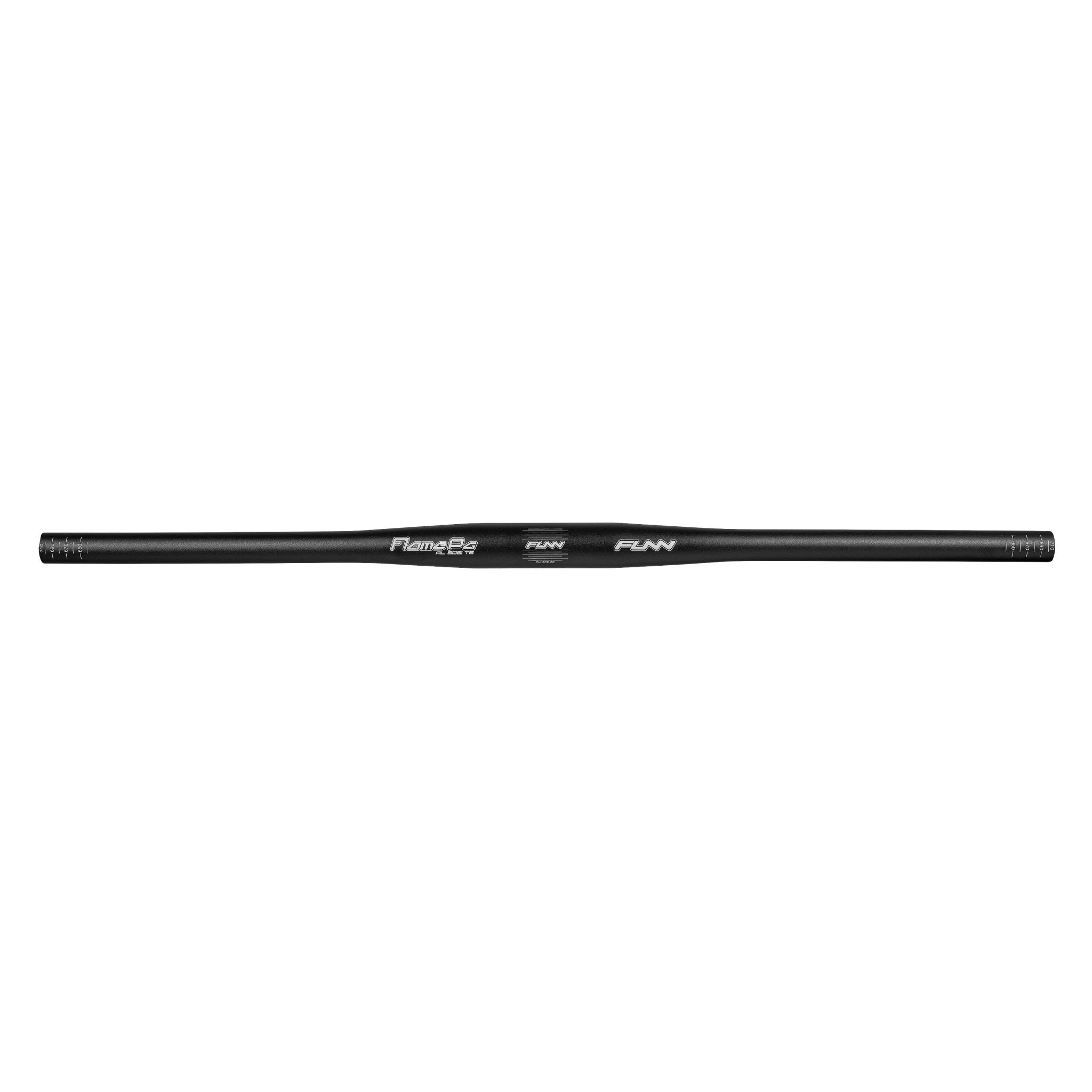 Black aluminum FUNN Flame Pg Flat Handlebar 710mm, lightweight straight MTB bar with subtle white graphics