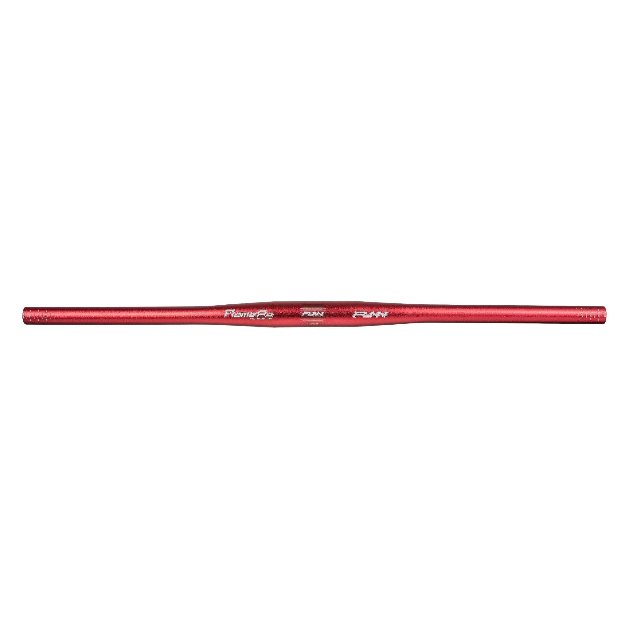 FUNN Flame Pg Flat Handlebar 710mm in red alloy, lightweight straight mountain bike bar with central grip graphics