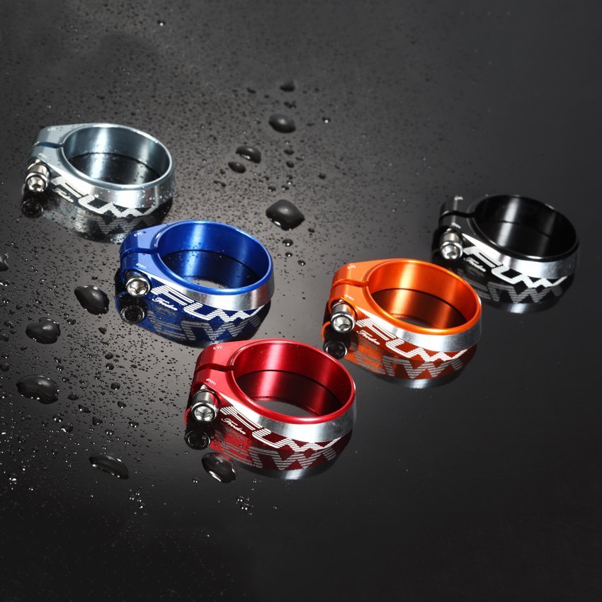 FUNN Frodon Seat Clamp CNC alloy, colorful anodized bike seatpost clamps with bolt closure on wet black surface