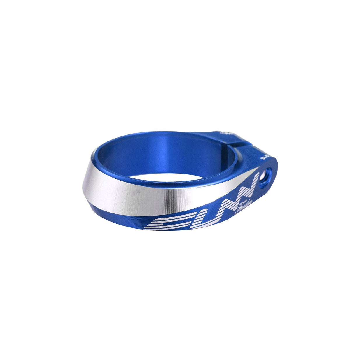 FUNN Frodon Seat Clamp, blue and silver CNC alloy ring clamp for securing bicycle seatpost, side view on white background