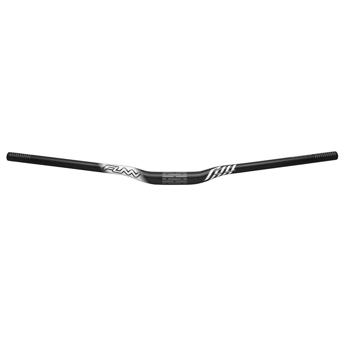 Black FUNN Full On Riser Handler handlebar, 31.8mm clamp with 15mm rise, alloy MTB bar with white graphics and textured center