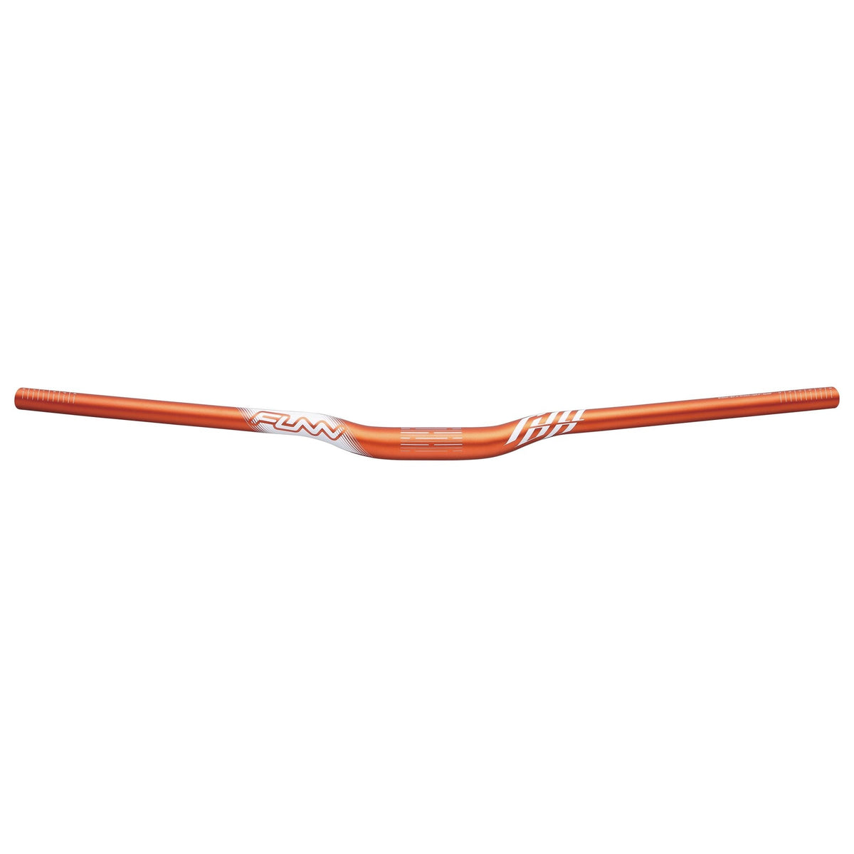 FUNN Full On Riser Handlebar, orange alloy MTB bar, 31.8mm clamp, 15mm rise, white graphics for trail and enduro bikes