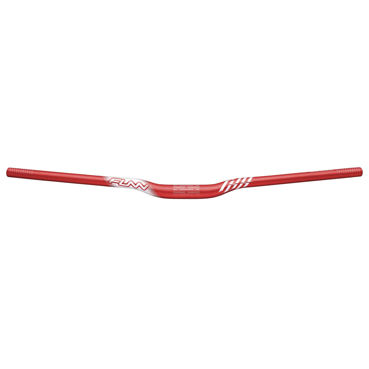 Red FUNN Full On Riser Handler handlebar, 31.8mm clamp, 15mm rise, alloy MTB bar with slight sweep and white graphics