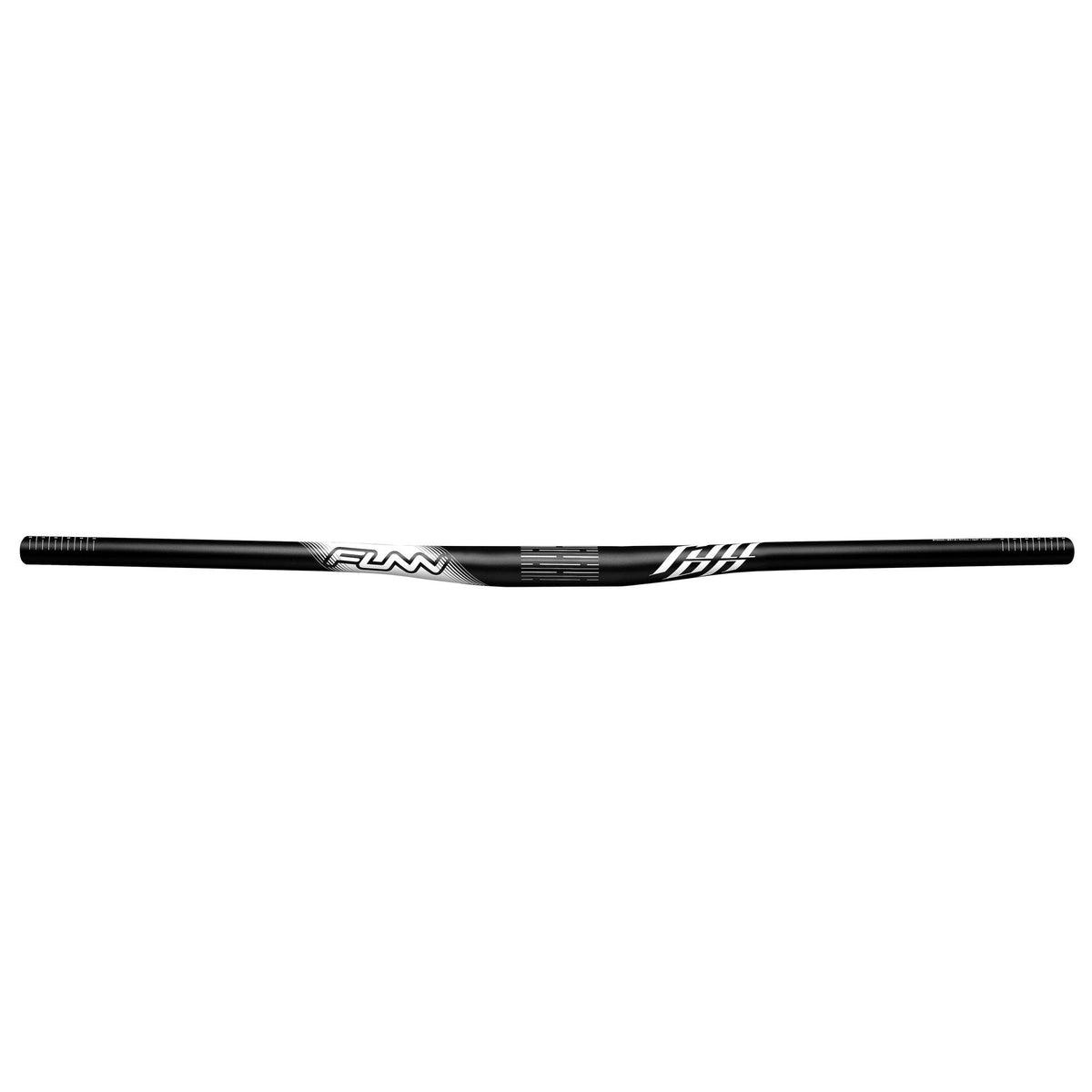 Black alloy FUNN Full On Riser Handler handlebar, 31.8mm clamp, 7mm rise, sleek low-rise MTB bar with white graphics