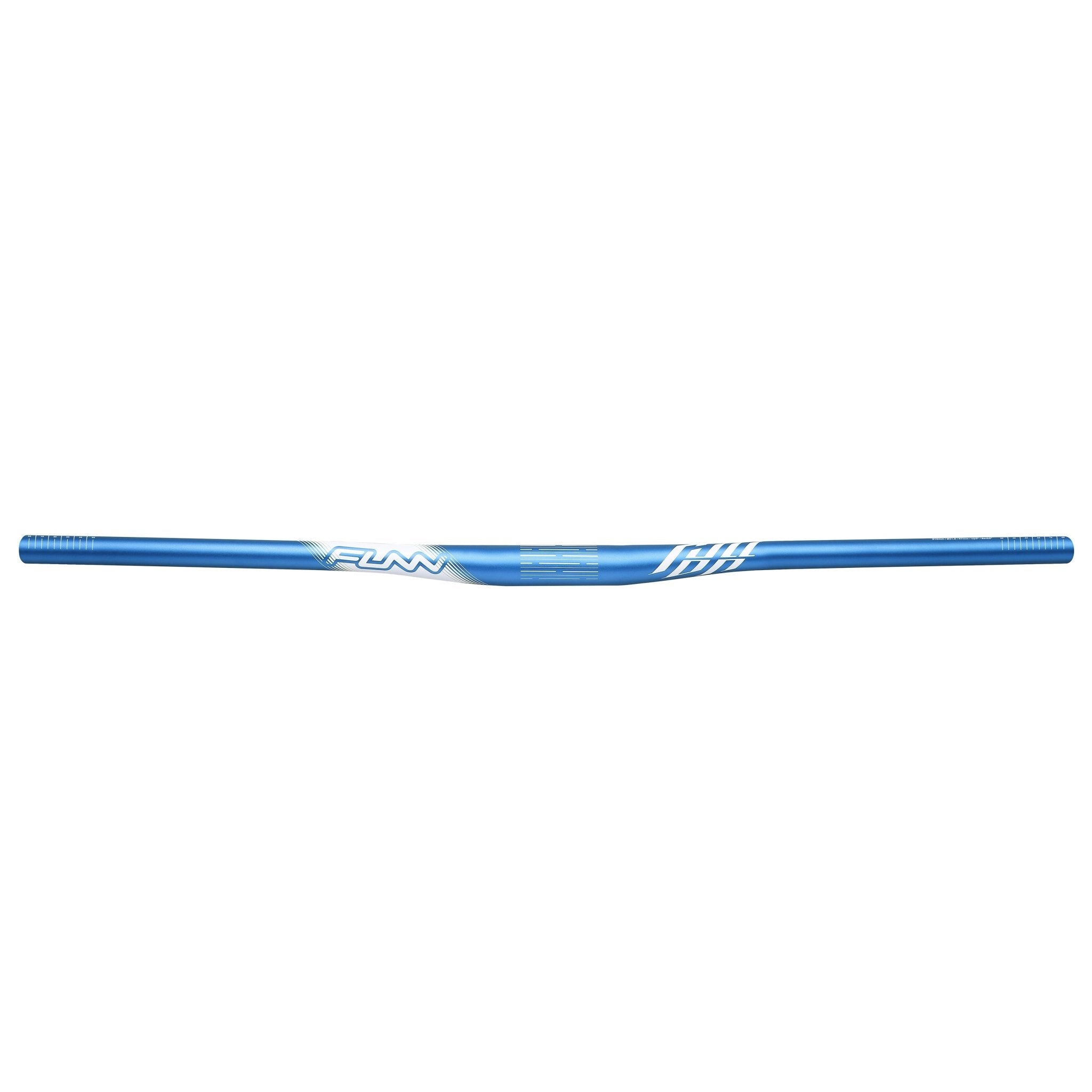 FUNN Full On Riser Handler blue alloy handlebar, 31.8mm clamp with 7mm rise, lightweight MTB bar with white graphics