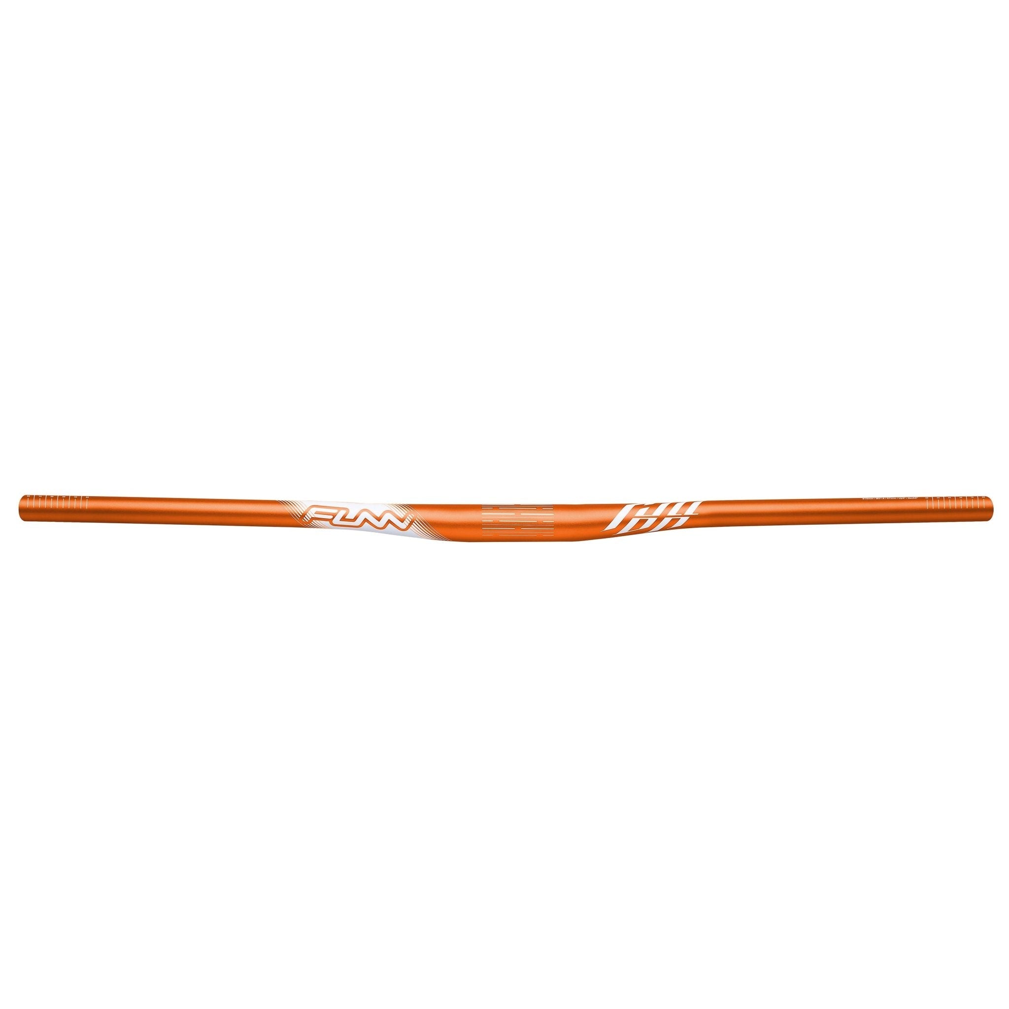 FUNN Full On Riser Handler orange alloy handlebar, 31.8mm clamp, 7mm rise, lightweight MTB bar with white graphics