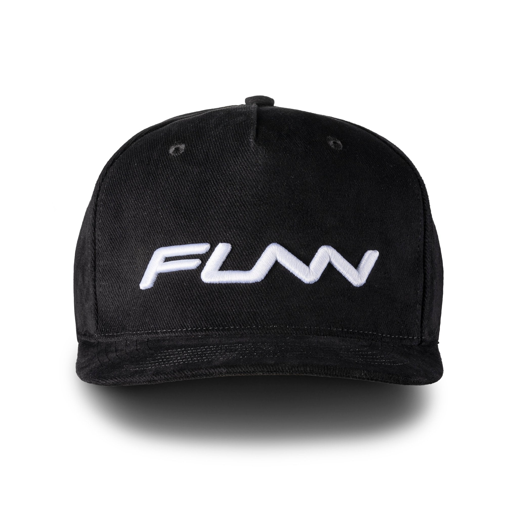 Black Funn Logo Cap with curved brim and bold white FUNN embroidered lettering on the front, casual cotton snapback hat