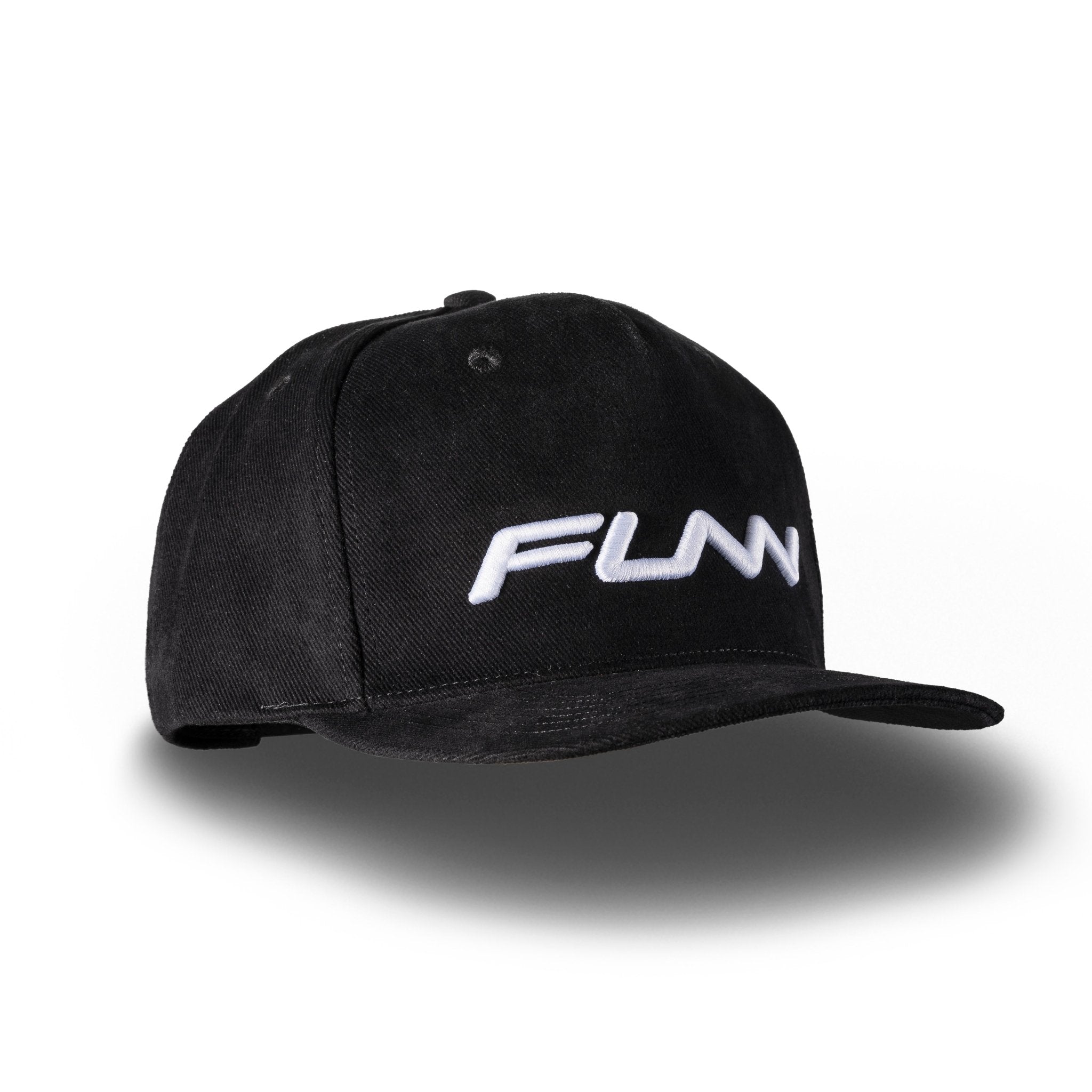 Black Funn Logo Cap with flat brim and white FUNN embroidery, casual cotton snapback hat for everyday wear
