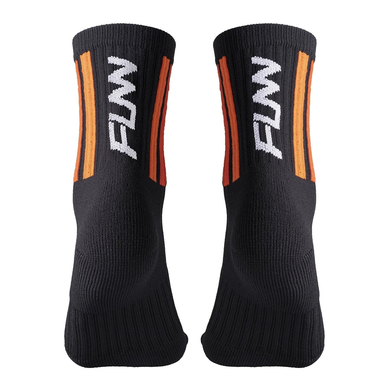 Black Funn Logo Socks with white FUNN text and orange stripes, ribbed crew-length athletic design for cycling or sports use