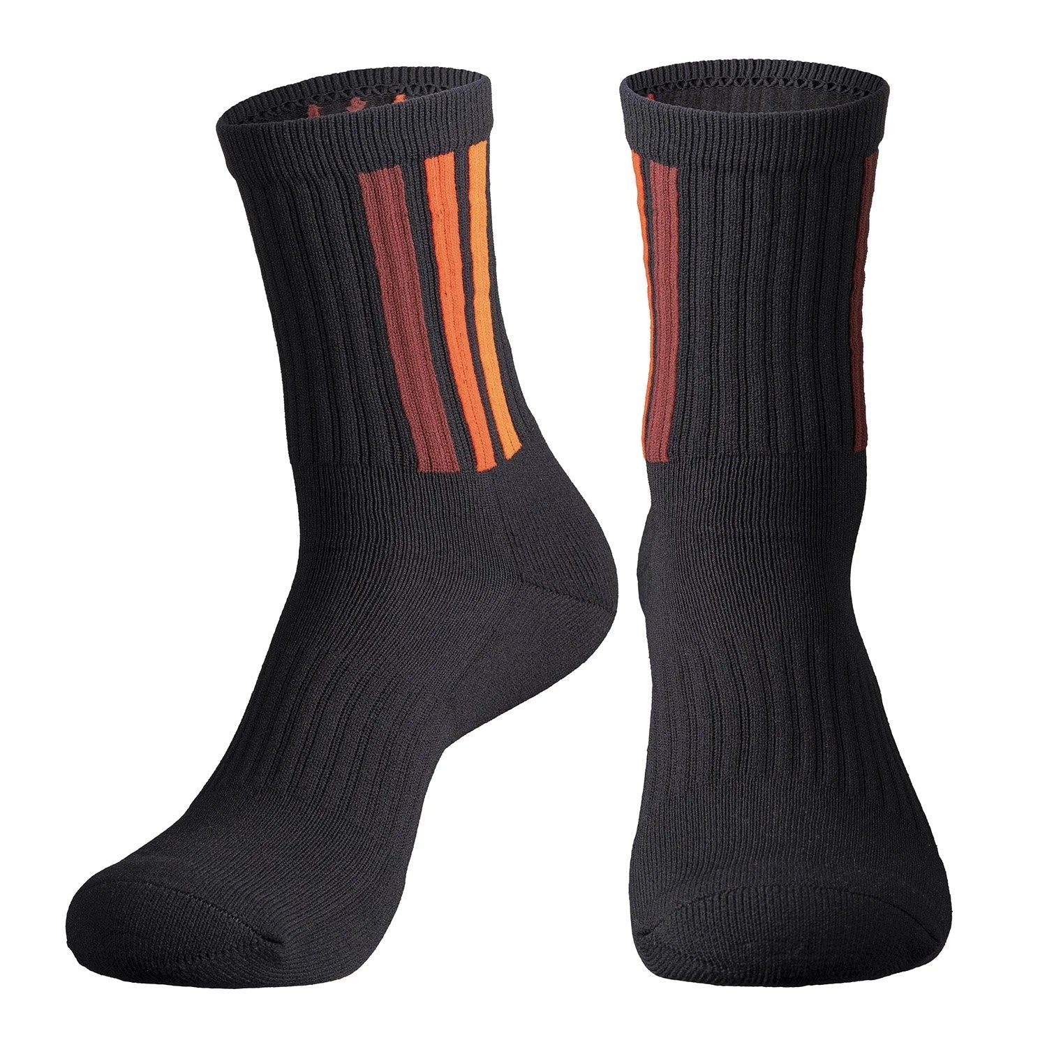 Black ribbed Funn Logo Socks with orange and red vertical stripes, mid-calf athletic FUNN sock pair for everyday comfort