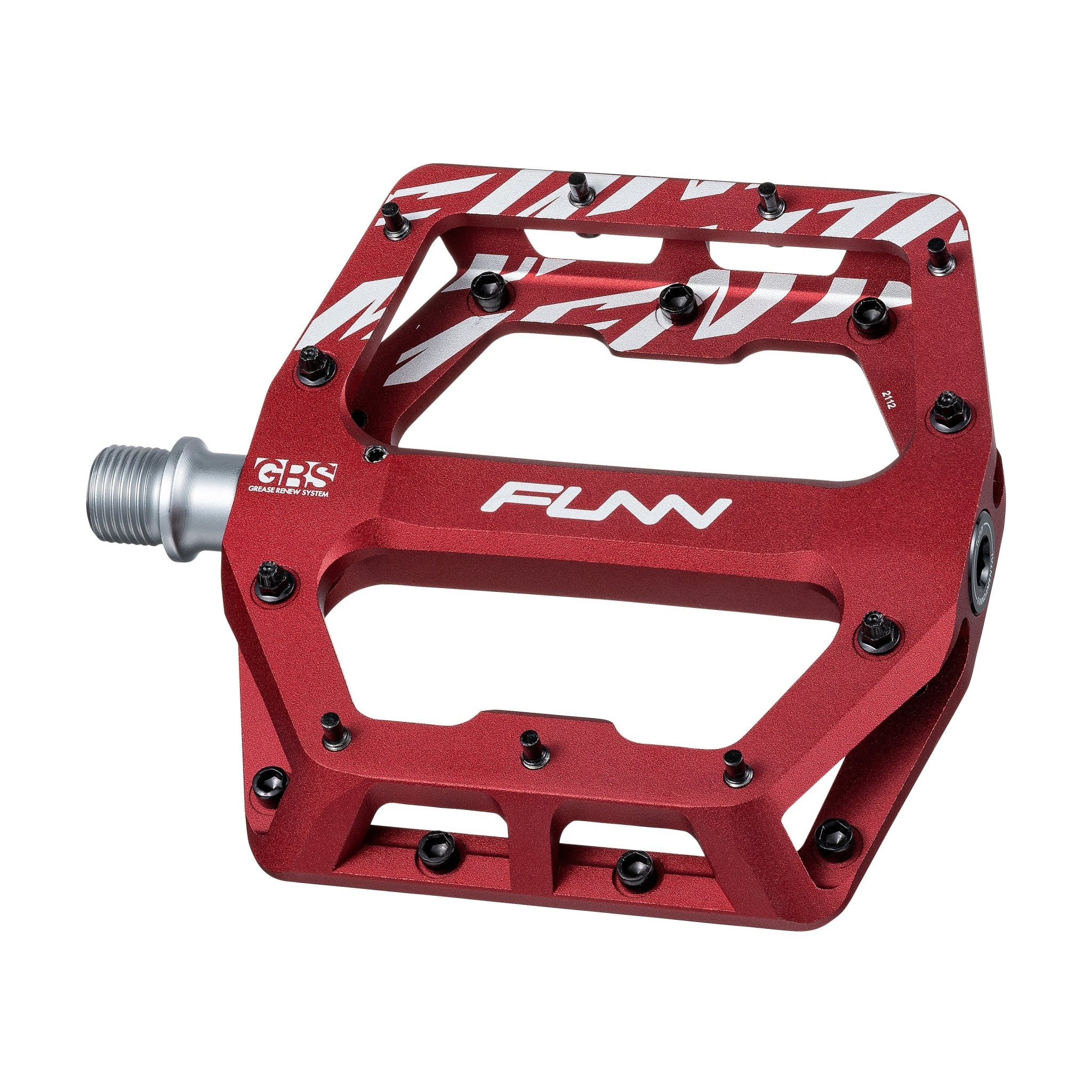 Red FUNN Funndamental Flat Pedal with laser logo, alloy body, platform shape and metal pins for mountain bike grip.