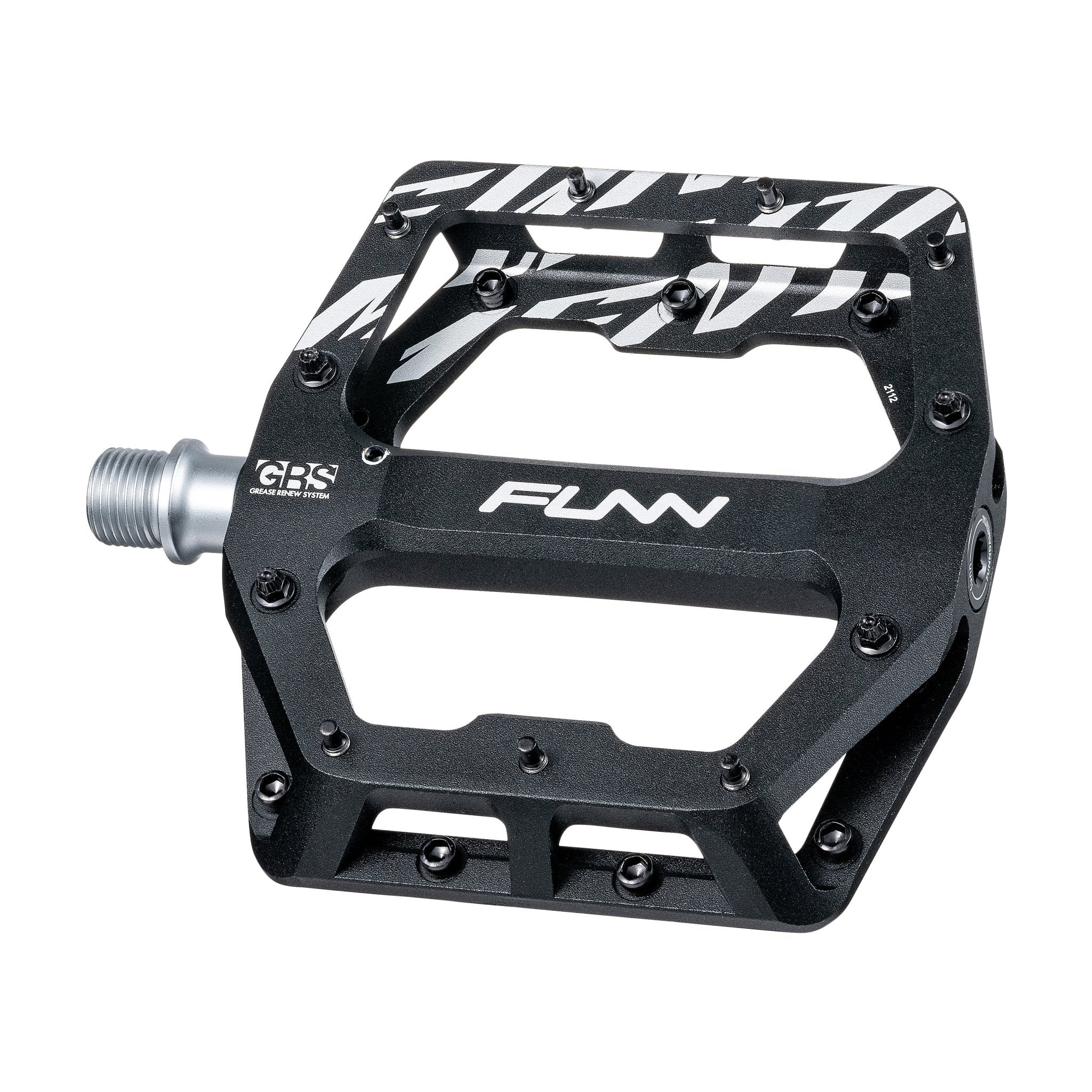 FUNN Funndamental Flat Pedals in black alloy with laser logo, wide platform, traction pins and silver spindle for MTB bikes