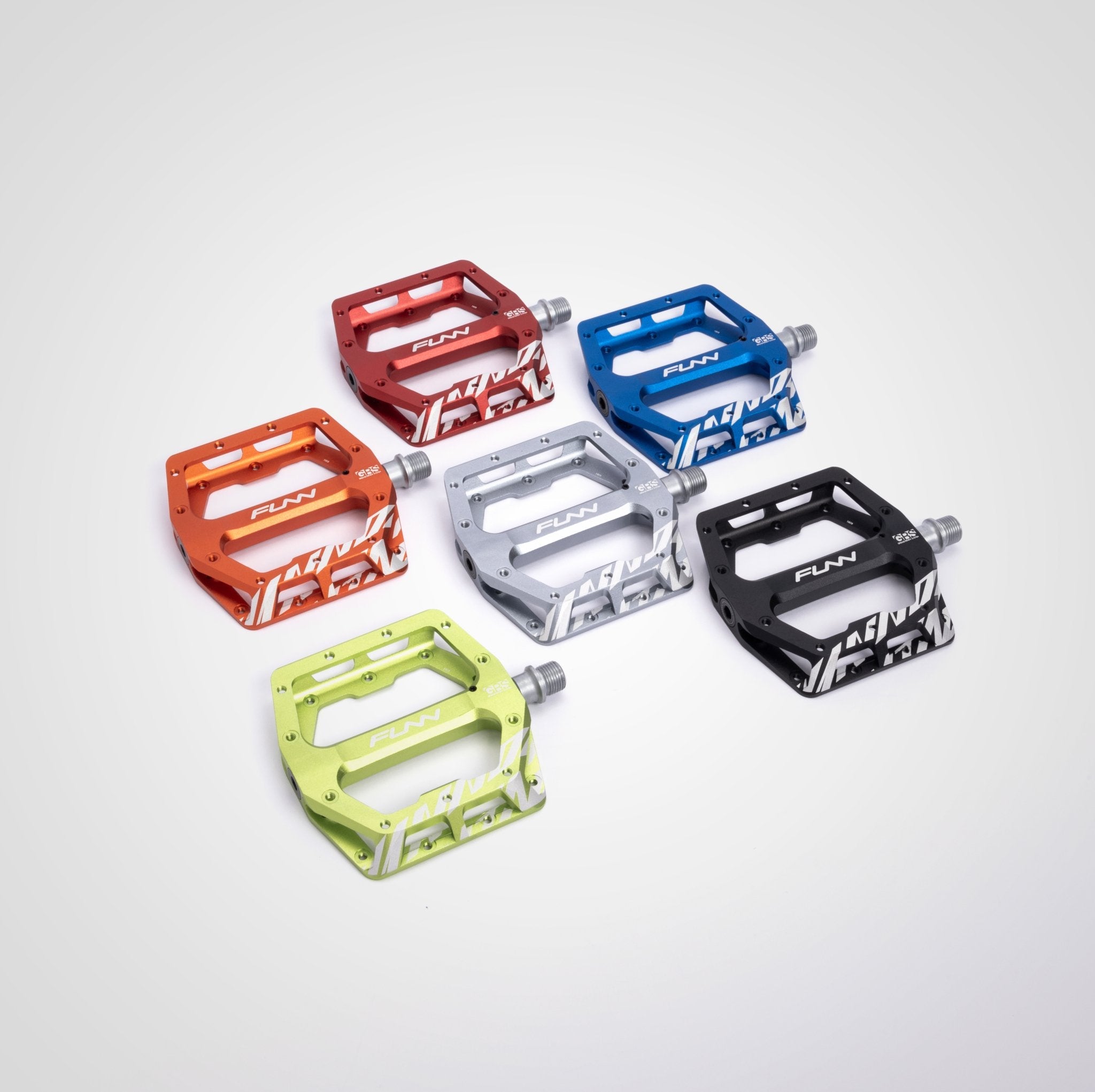 FUNN Funndamental Flat Pedals in multiple colors, CNC alloy platform bike pedals with pins for secure grip and control