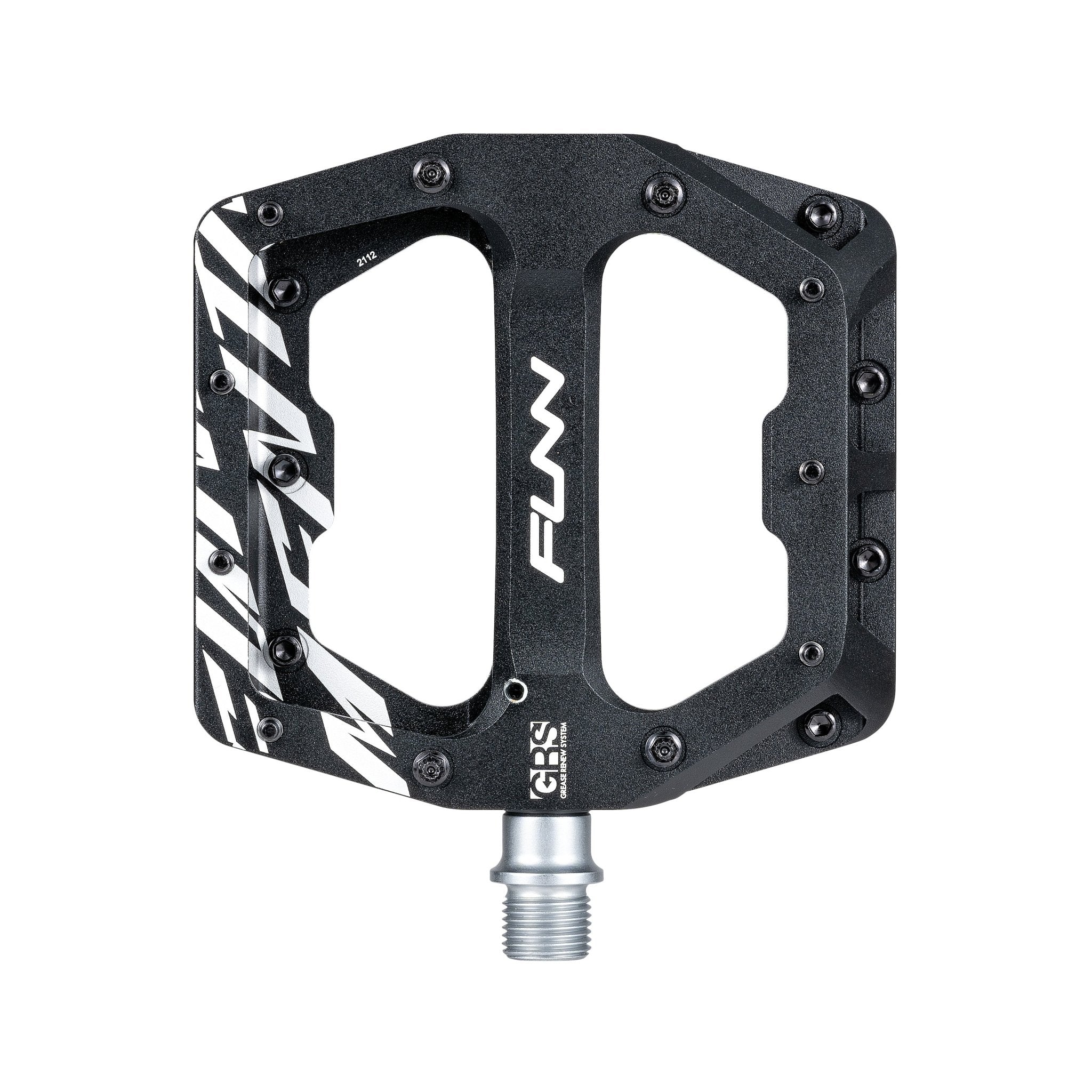 FUNN Funndamental Flat Pedals in black alloy, slim platform with metal traction pins for secure mountain bike grip