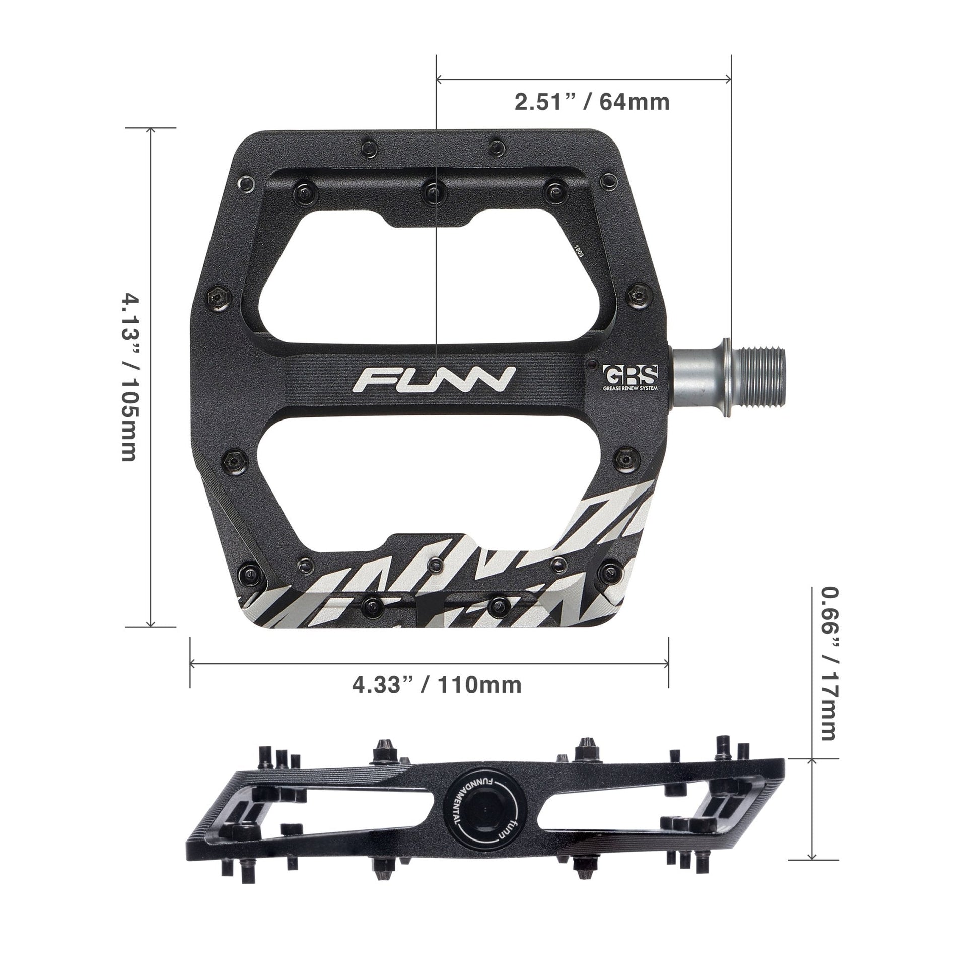 Funn mountain bike components - Funndamental Flat Pedals Black in a white background.