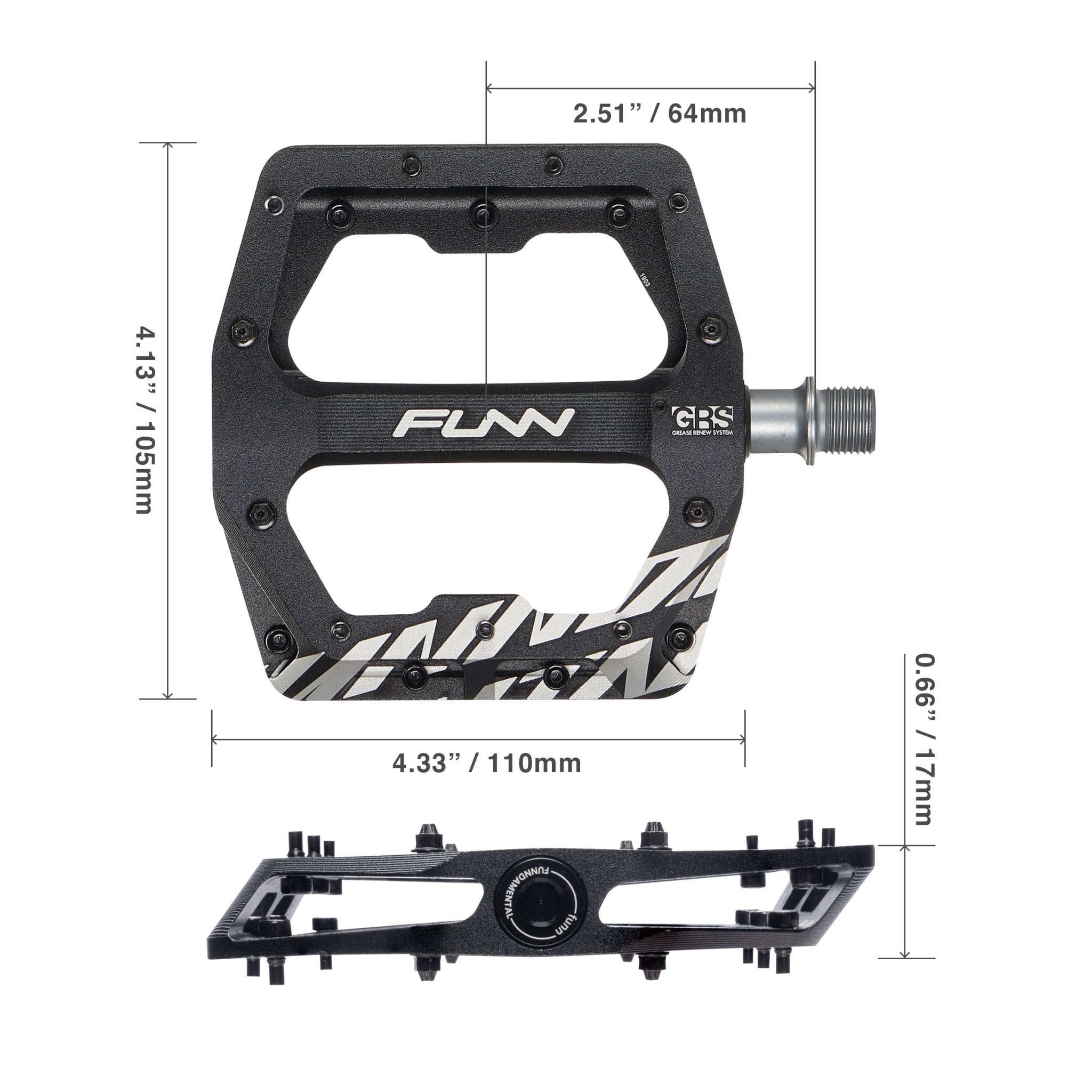 Black FUNN Funndamental Flat Pedals with big platform, metal pins and size measurements for grippy mountain bike performance