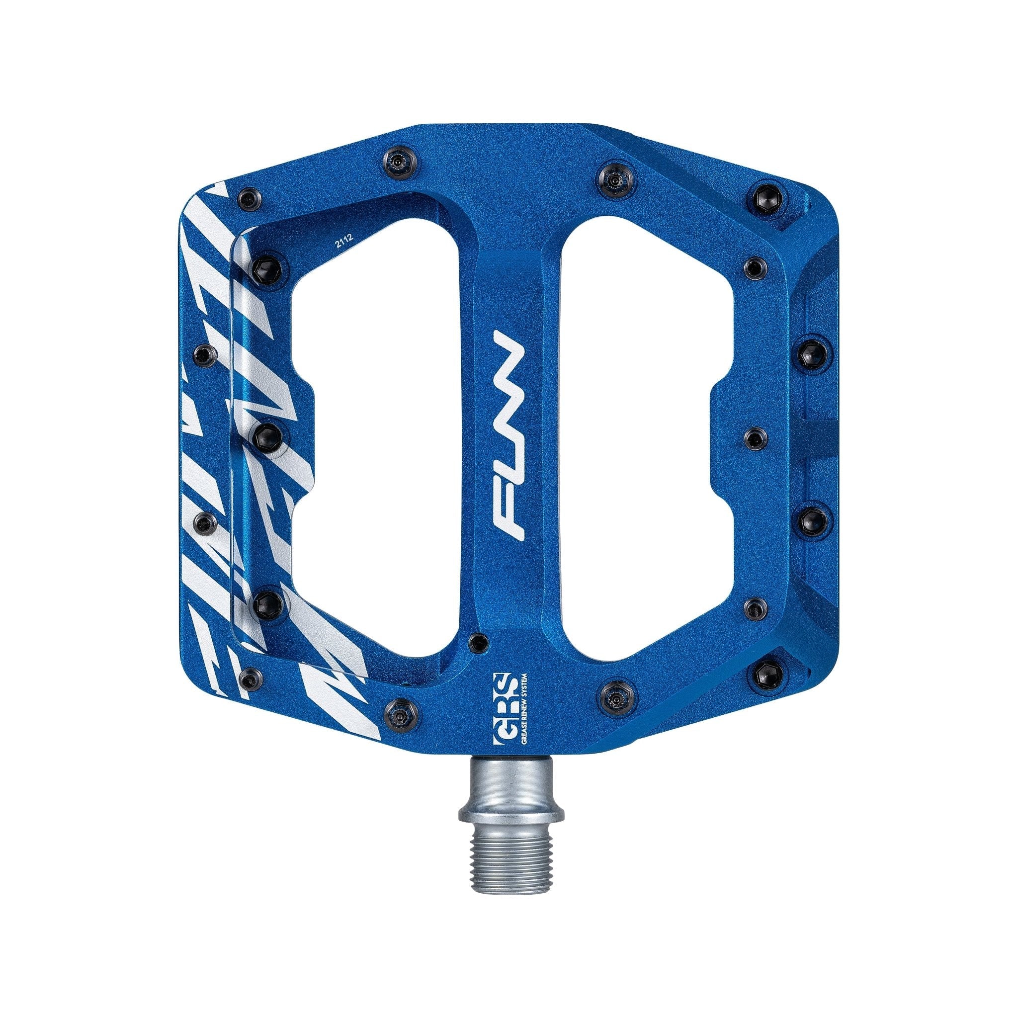 Blue FUNN Funndamental flat pedal with wide alloy platform, metal pins and white graphics for grippy mountain bike riding