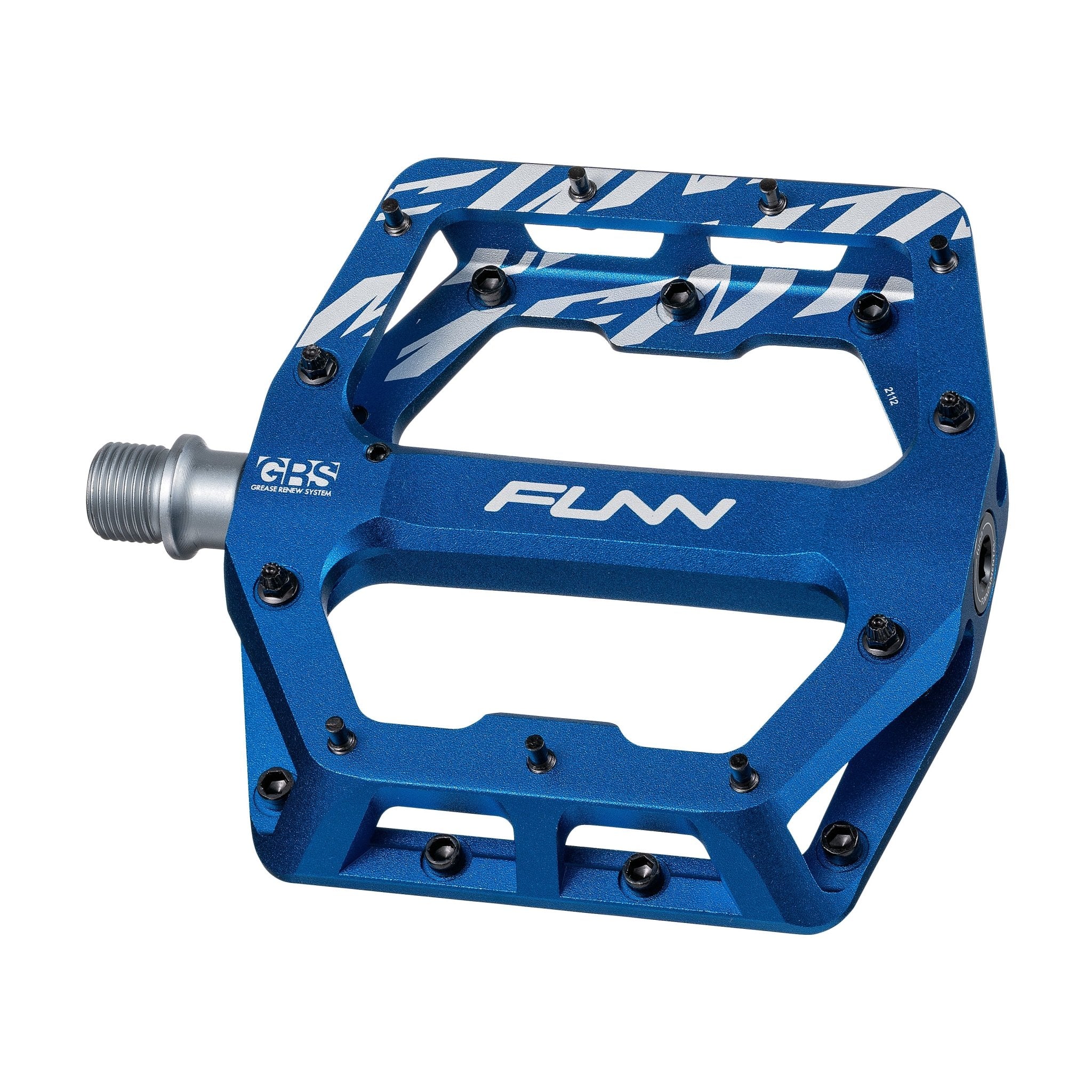Blue aluminum FUNN Funndamental flat bike pedal with white graphics, metal pins and wide platform for secure MTB grip