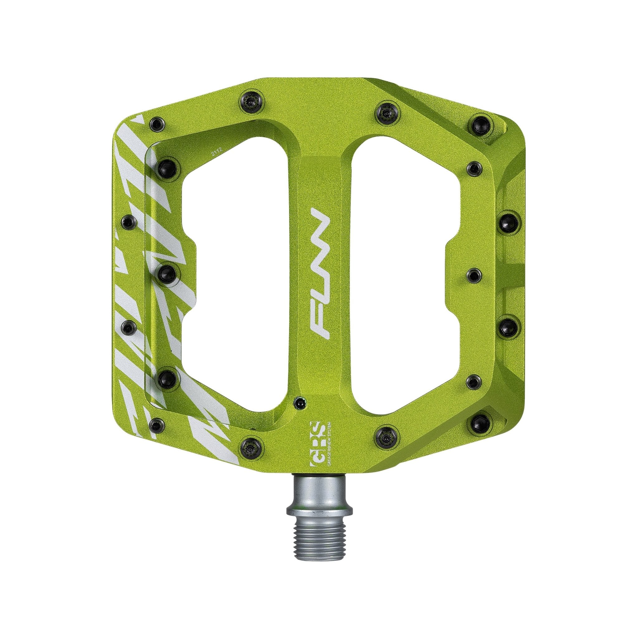 Green FUNN Funndamental Flat Pedals, CNC alloy body with traction pins, wide platform bike pedal for MTB and trail riding