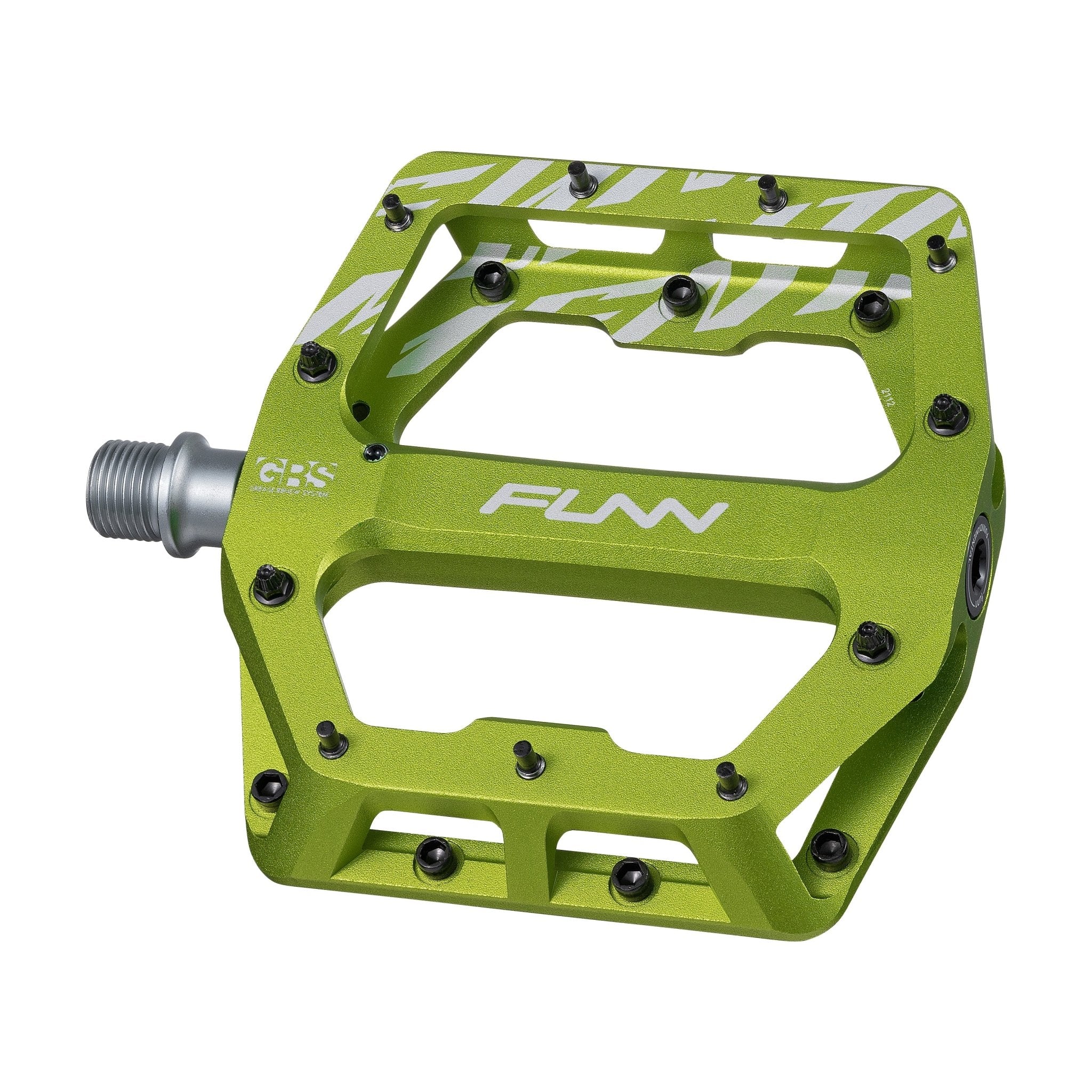 Green aluminum FUNN Funndamental flat pedal with wide platform, traction pins and CNC body for mountain bike grip and control