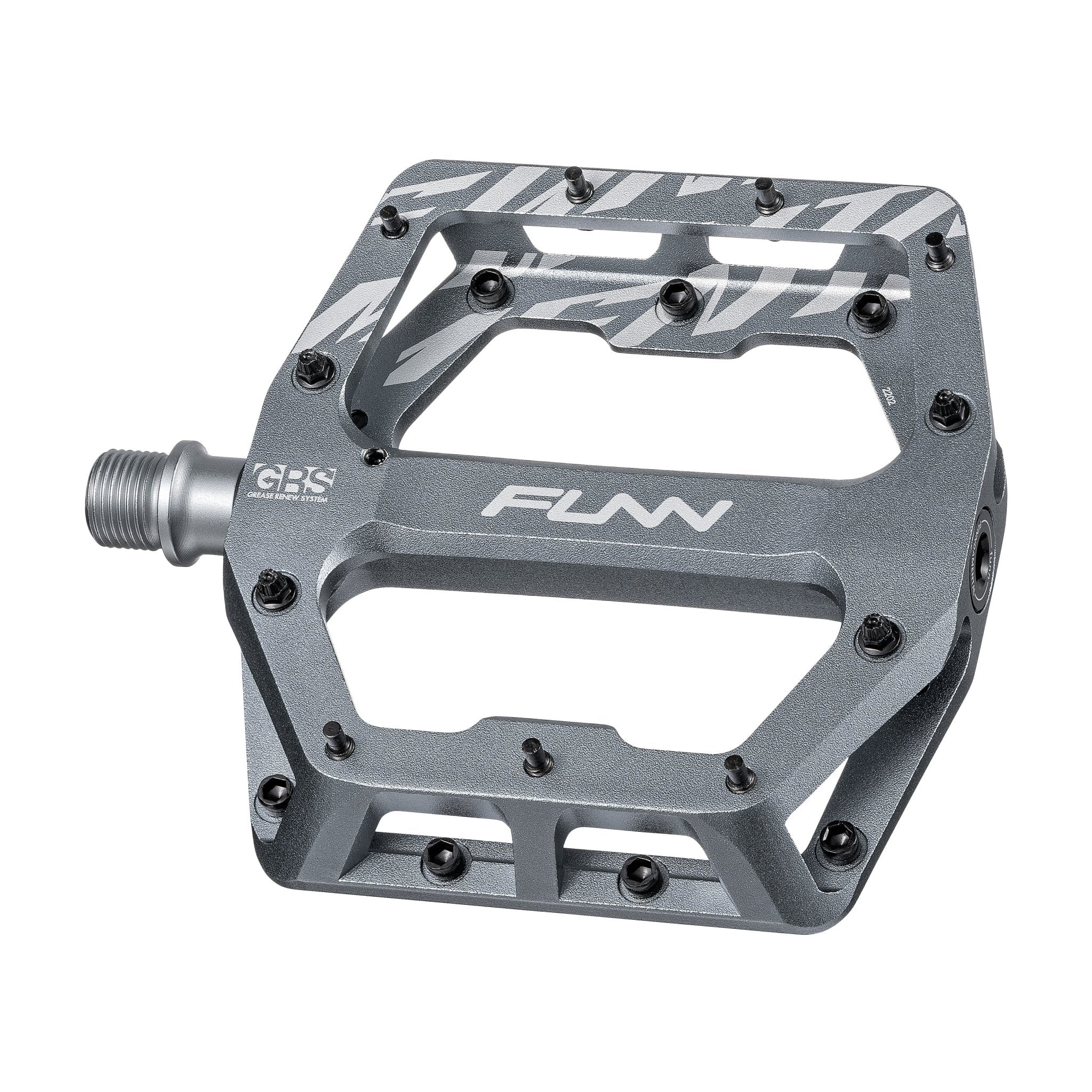 FUNN Funndamental flat pedal in gray alloy with wide platform, grip pins and CNC body for MTB bike control and stability