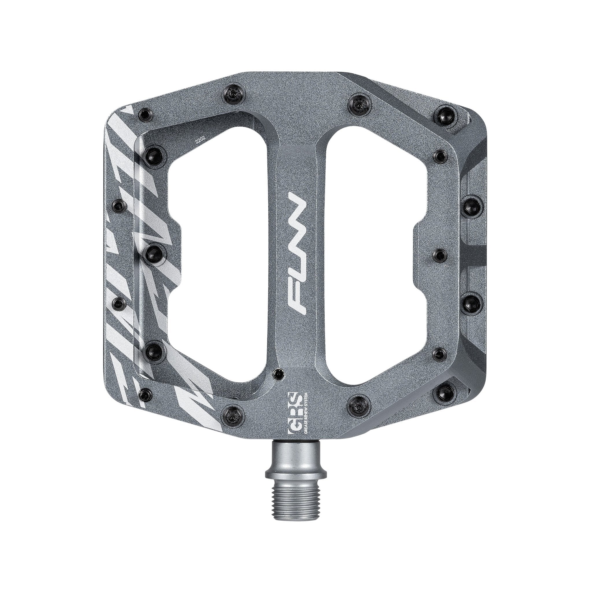 FUNN Funndamental flat pedal in gray alloy with wide platform and metal pins for secure MTB grip and control