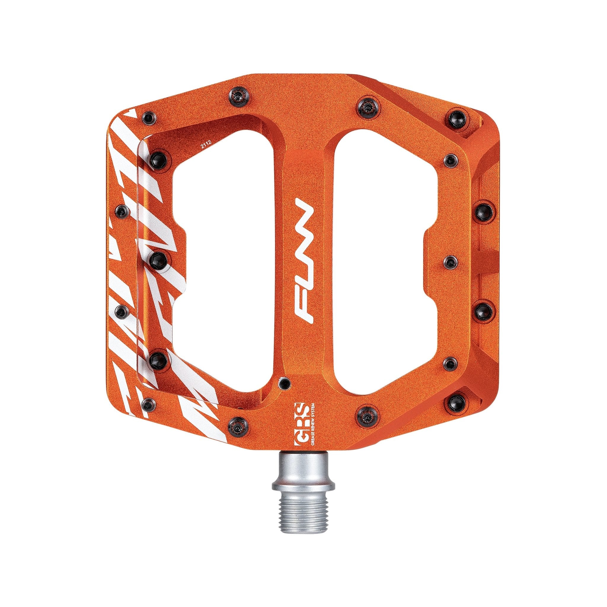 Orange aluminum FUNN Funndamental flat pedal with wide platform, traction pins and white logo for MTB and BMX bikes