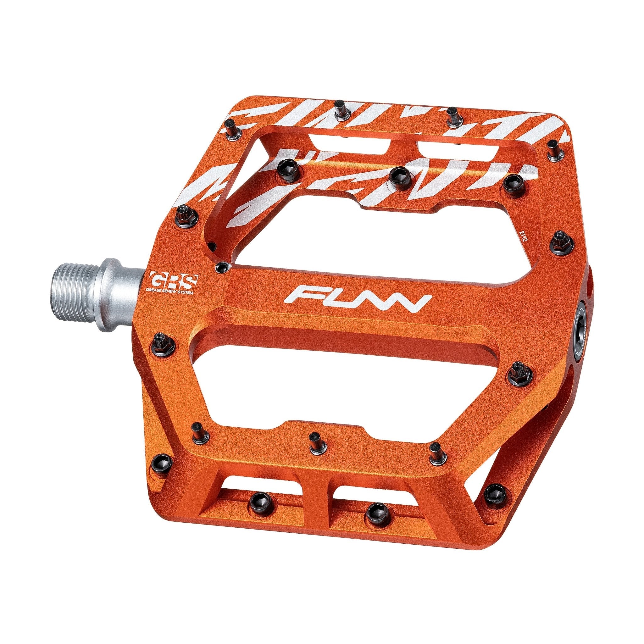 FUNN Funndamental flat pedal in orange alloy, wide platform with steel pins for grippy MTB cycling performance