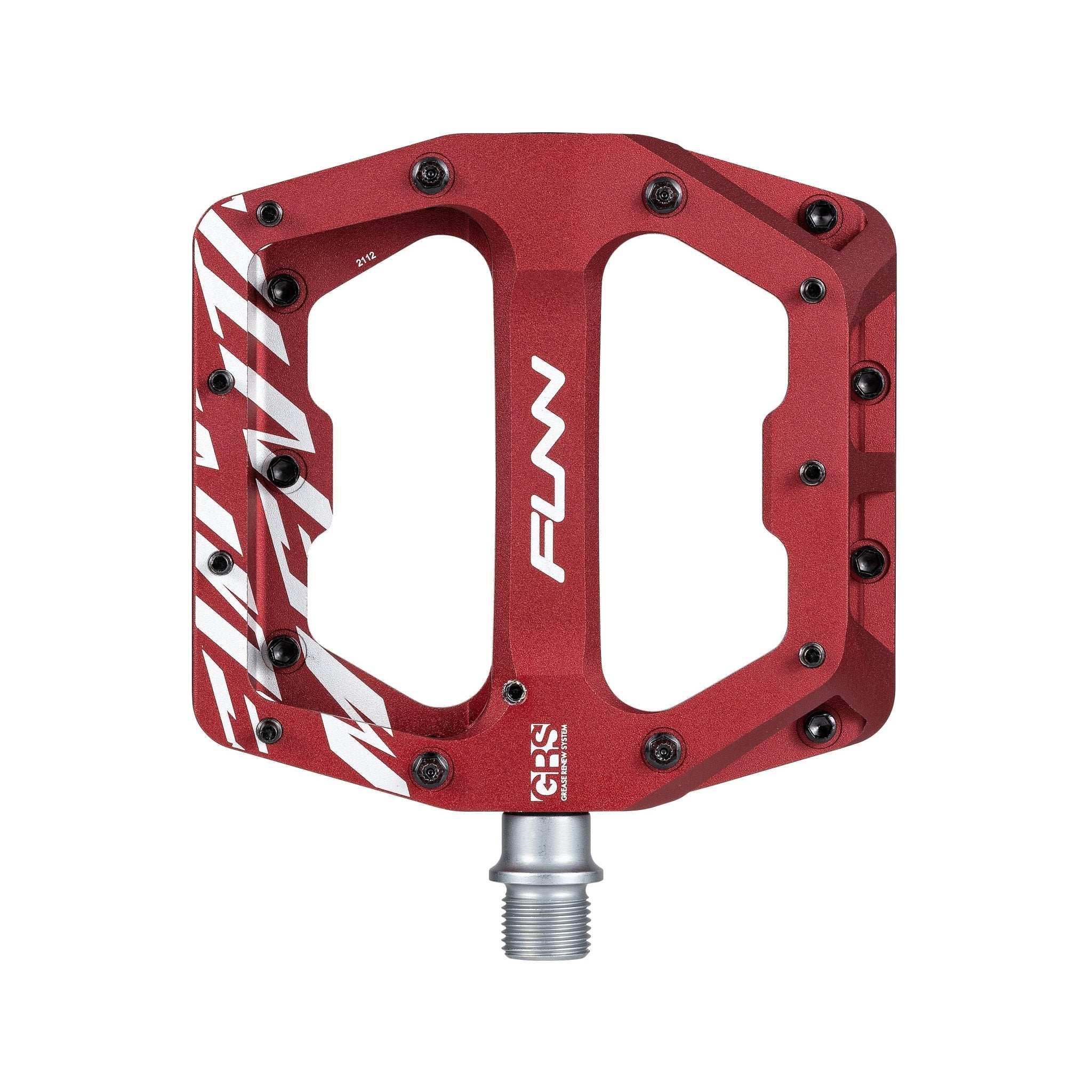 Red FUNN Funndamental flat pedal with wide alloy platform, white logo and black traction pins for secure mountain bike grip