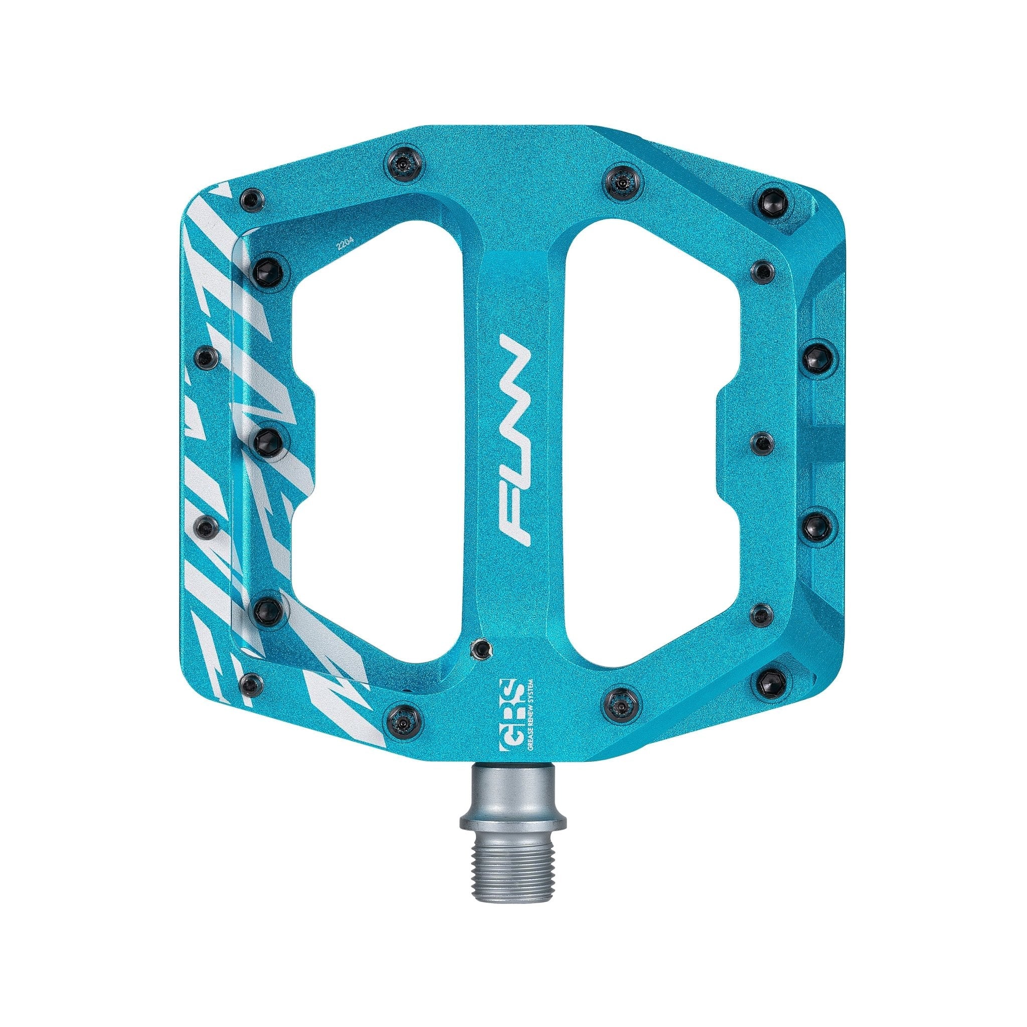 FUNN Funndamental flat pedal in turquoise alloy with wide platform, replaceable pins and silver axle for mountain bikes