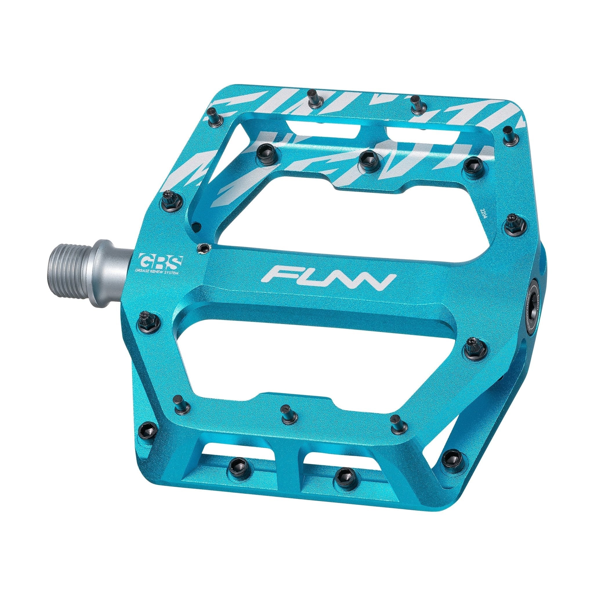 FUNN Funndamental flat pedal in anodized turquoise aluminum with pins for grip, lightweight platform MTB bike component
