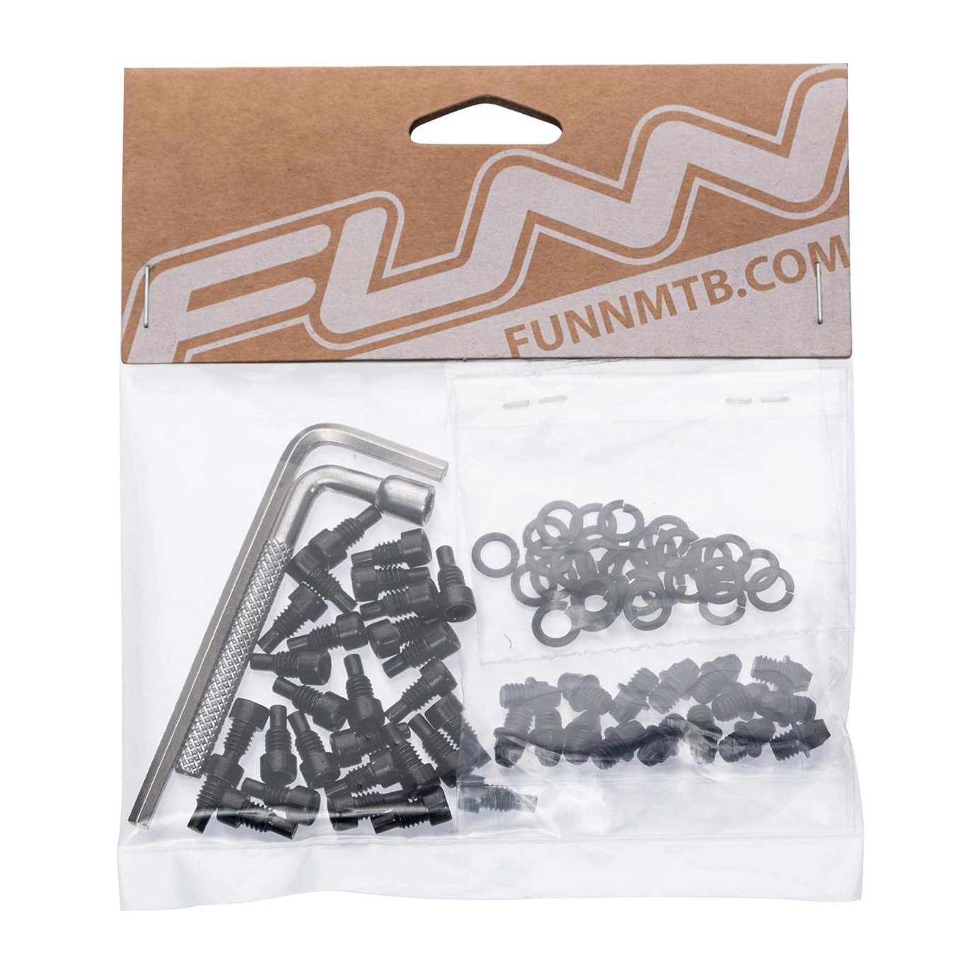 FUNN Funndamental Pedal Pin Kit with black steel pins, washers and silver tools in branded retail packaging