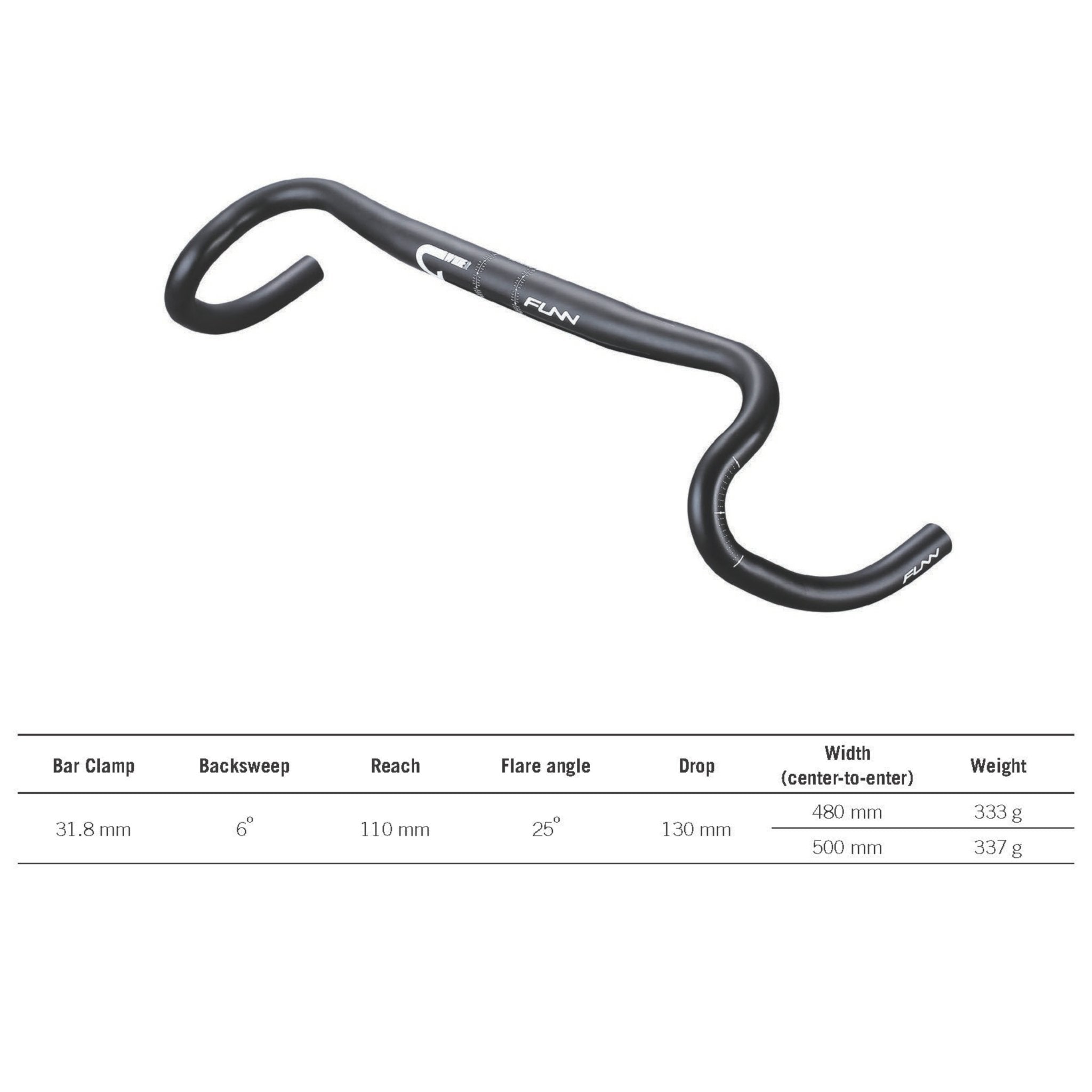 FUNN G-Wide Gravel Handlebar, matte black alloy flared drop bar with ergonomic backsweep and spec chart for width, drop and weight